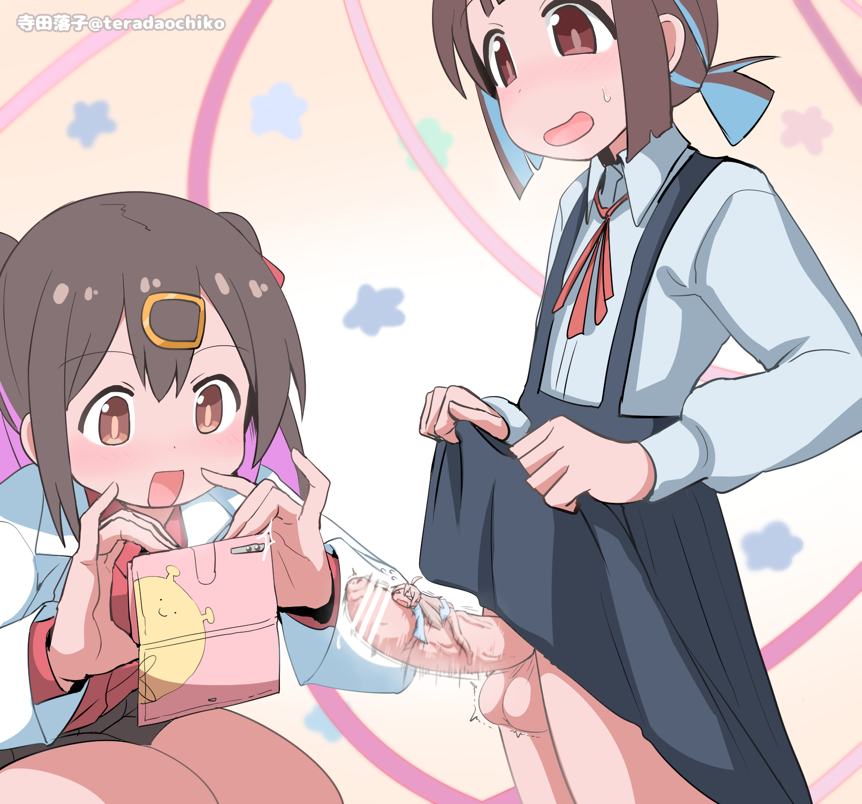 erection, filming, futanari, giantess, hozuki momiji, on top of penis, onii-chan wa oshimai!, oyama mahiro, oyama mihari, recording, recording on phone, size difference, terada ochiko, tiny