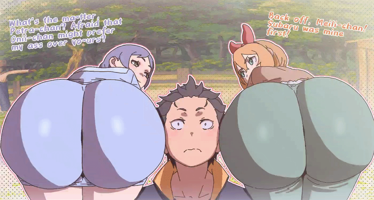 1boy, 2girls, animated, ass focus, ass jiggle, big ass, blue hair, brat, bubble butt, competitive, flat n thick, gif, green eyes, hair ribbon, huge ass, imminent sex, jiggle, jiggling ass, meili portroute, natsuki subaru, orange hair, petra leyte, planktiton, re:zero kara hajimeru isekai seikatsu, shortstack, size difference, slamming, slamming ass, text, tight clothing, tight dress, younger female