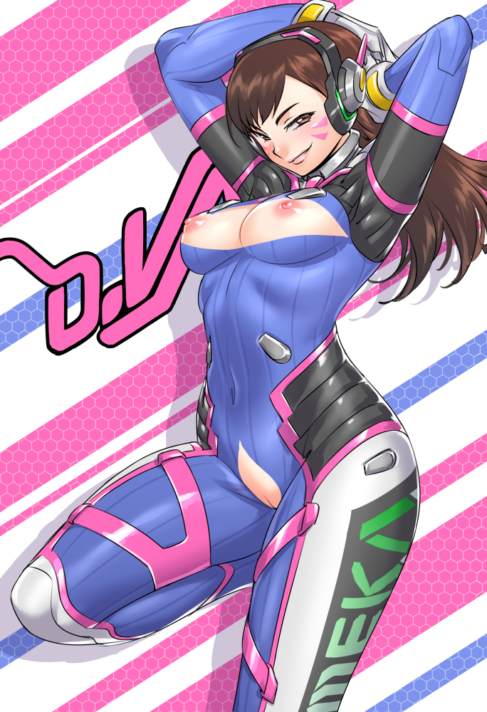 areola, arms up, bodysuit, breasts, brown hair, d.va, female, female only, functionally nude, long hair, looking at viewer, medium breasts, nipples, overwatch, pussy, solo, taka-michi, video games, whisker markings