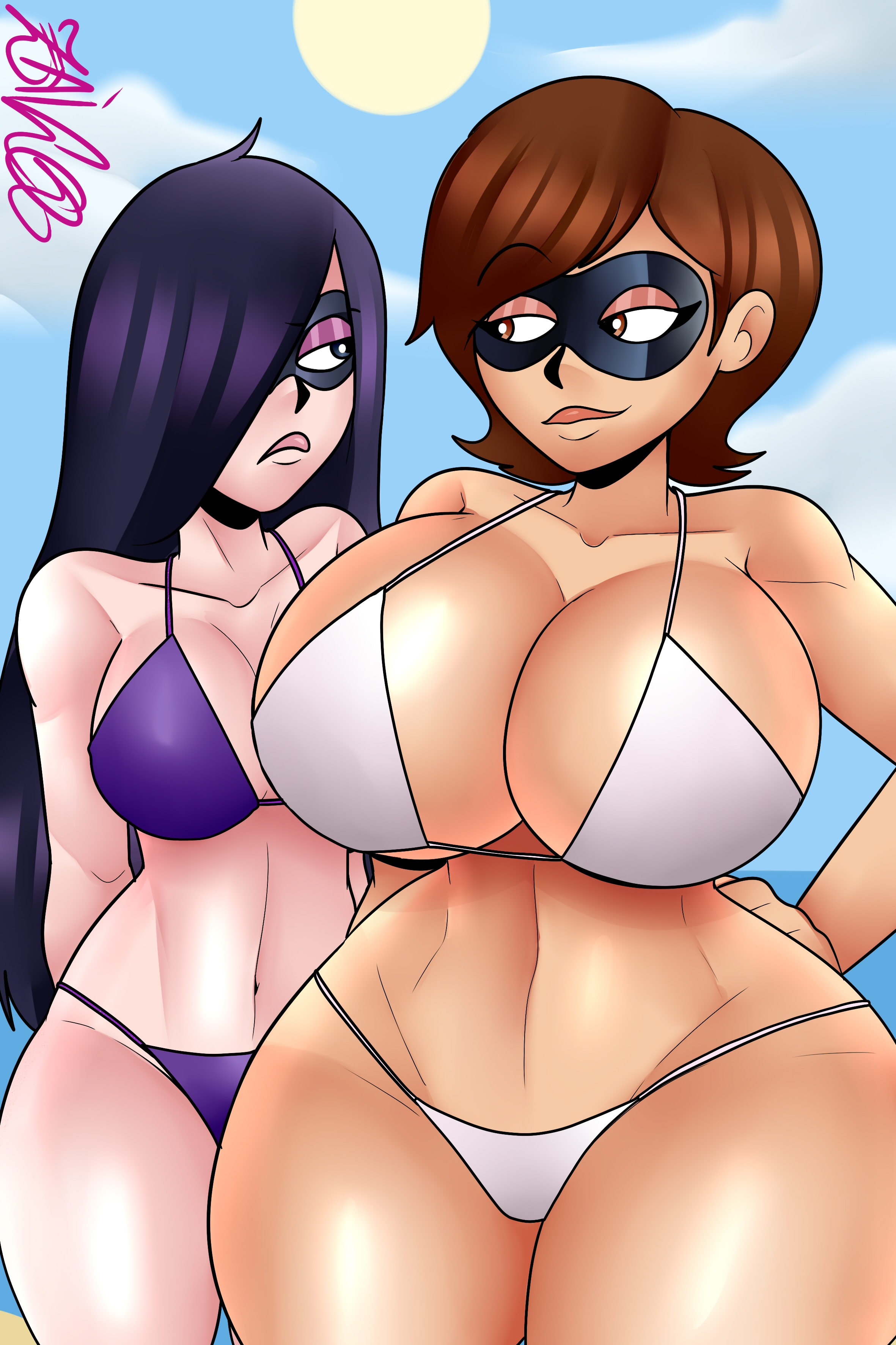 2024, 2girls, alternate costume, alternate version available, big breasts, bikini, bikini bottom, bikini top, bottomwear, breasts, brown eyes, brown hair, cleavage, daughter, domino mask, female, female only, hair, hair over one eye, hand on hip, helen parr, hips, huge breasts, lips, long hair, mature, mature female, mature woman, medium breasts, milf, mother, mother and daughter, mother daughter boob envy (meme), purple bikini, purple hair, short hair, smile, swimwear, the incredibles, thick thighs, thighs, topwear, violet parr, white bikini, zaicomaster14