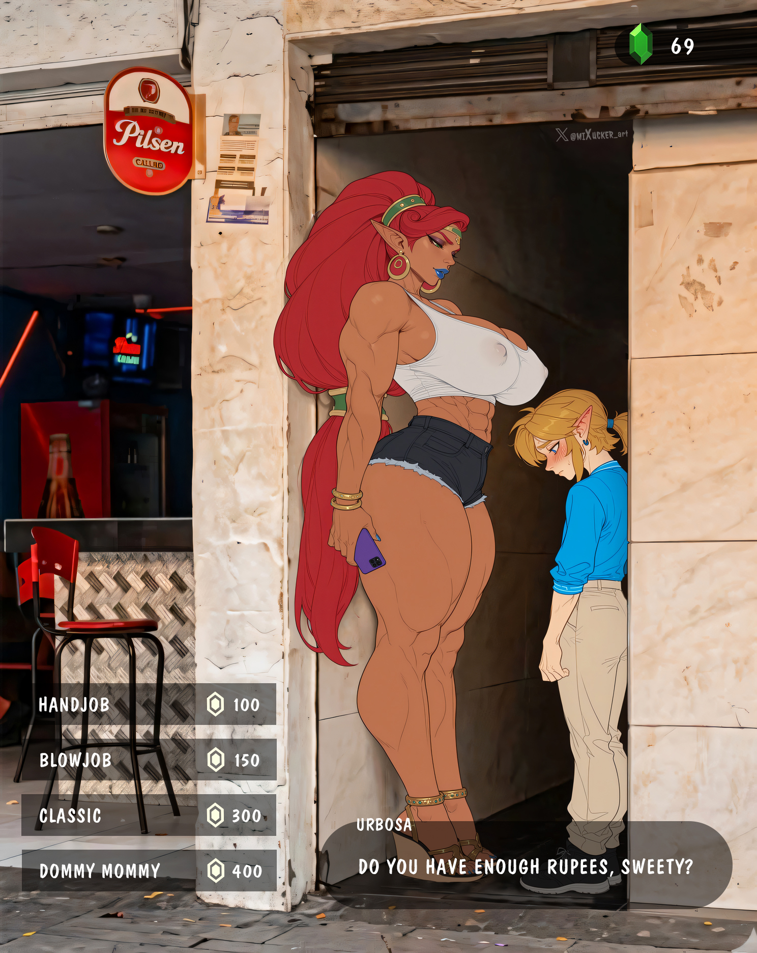 1boy, 1girls, 1male, 2026, 2d, 2d (artwork), abs, ai assisted, ai generated, alley, alleyway milf (meme), alternate ass size, alternate body type, alternate breast size, alternate breast size (larger), amazon, amazonian, athletic, athletic female, bedroom eyes, biceps, big boobs, big breasts, big dom small sub, big female, big female small male, big hair, big hips, big muscles, big thighs, big tits, bigger female, bigger woman, blonde hair, blonde male, blonde-haired male, blue lipstick, blue nail polish, bottomless, breasts, breath of the wild, city, clothing, curvaceous, curvy, curvy body, curvy figure, dark skin, dark-skinned female, dominant, dominant female, dominatrix, dommy mommy, duo, duo focus, elf, elf boy, elf ears, embarrassed, english, english text, female, female dominating male, femdom, full body, full lips, giant, giantess, gold bracelet, gts, half-closed eyes, height difference, hi res, highres, huge boobs, huge breasts, huge thighs, huge tits, interracial, jewelry, large boobs, large breasts, large female, large thighs, large tits, large woman, larger female, larger female smaller male, light skin, light-skinned male, link, link (breath of the wild), long hair, looking at another, looking down, looking down at partner, macrophilia, male, malesub, mature, mature body, mature female, mature woman, meme, milf, mini giantess, mixucker, mommy, mommy dom, muscular, muscular arms, muscular female, muscular legs, muscular woman, nintendo, older female, outdoors, pointy ears, prostitution, red hair, sandals, self upload, short male, shorter male, shorter male/taller female, shy, shy male, size difference, size fetish, smaller male, smaller male larger female, smartphone, stable diffusion, submissive male, tall, tall female, taller female, taller girl, taller woman, text, text box, the legend of zelda, the legend of zelda: breath of the wild, thick legs, thick thighs, thunder thighs, toned, toned body, toned female, uncensored, urbosa, video game character, video games, voluptuous, voluptuous female, wedge heels, white male black female, wide hips