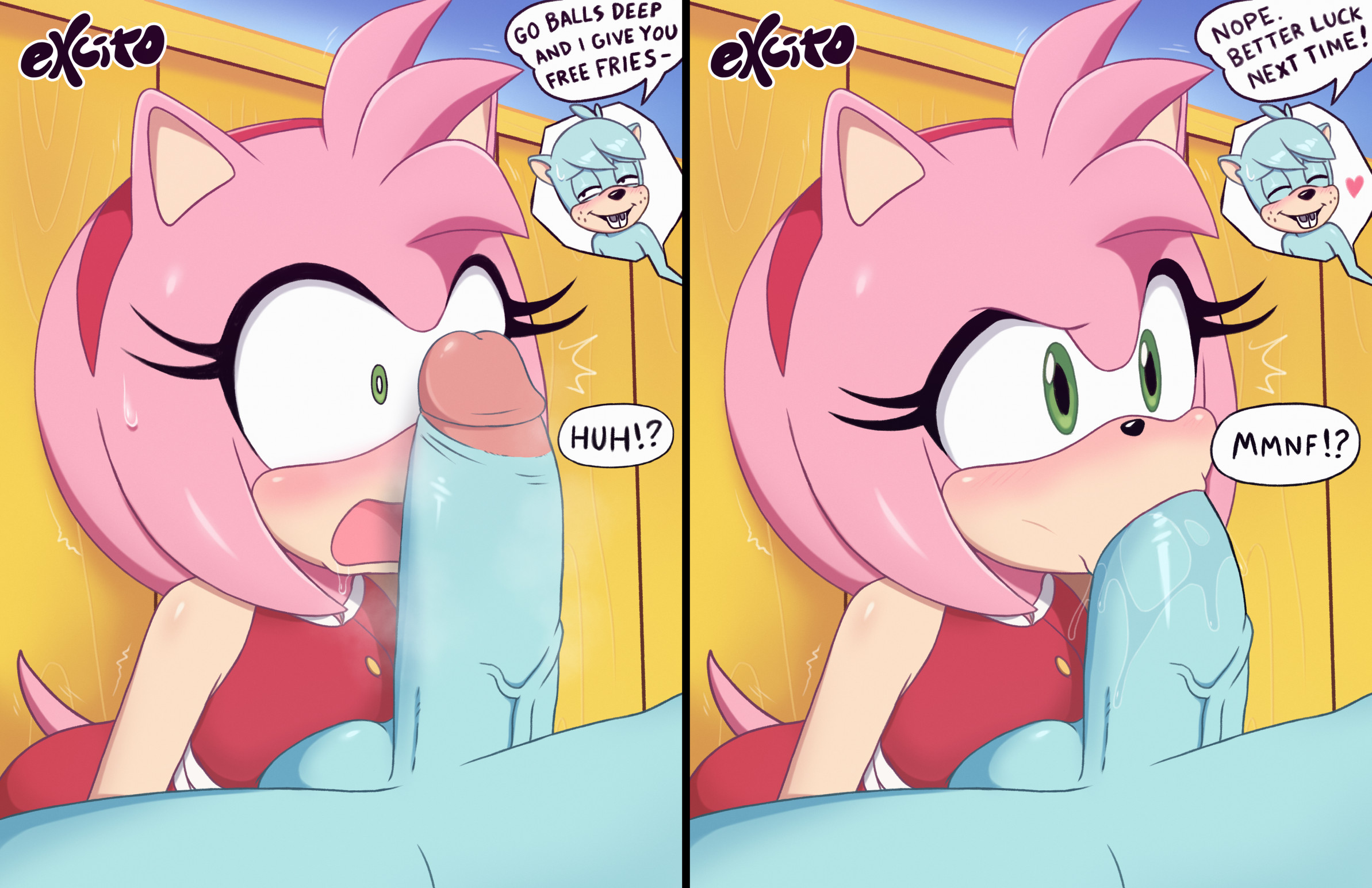 2026, amy rose, blowjob, blowjob face, color, dave the intern, excito, fellatio, huge penis, penis, penis awe, public sex, shocked, sonic (series), sonic boom, speech bubble