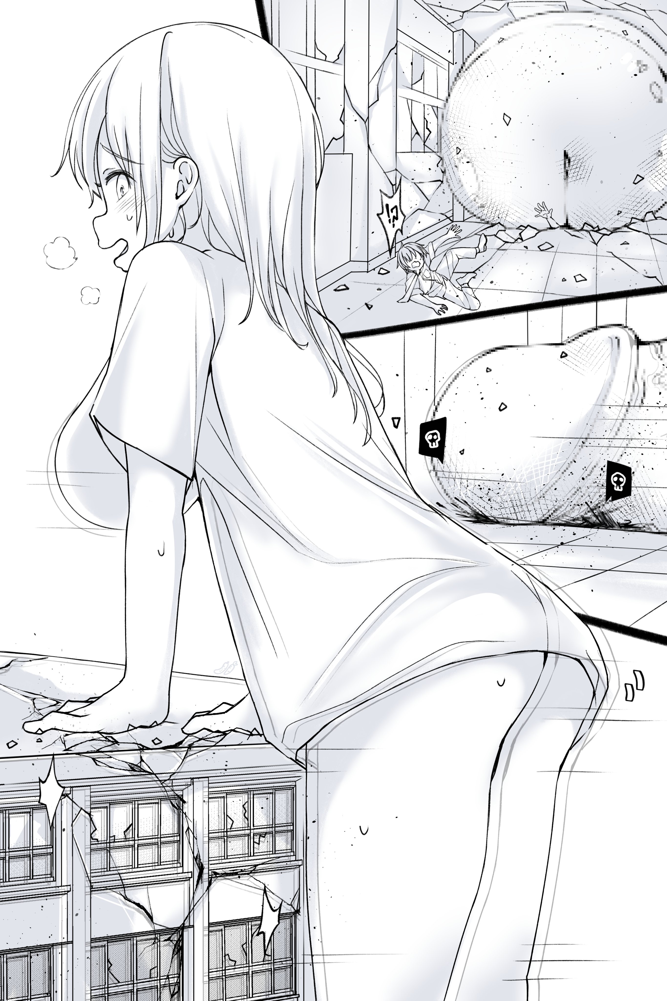 2d, building, building sex, death, destruction, futanari, giantess, humping, internal view, large breasts, looking down the barrel, monochrome, only shirt, oversized shirt, penis towards viewer, shirt only, tagme