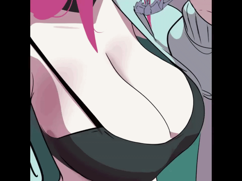 between breasts, bouncing breasts, bouncing on breasts, breast squeeze, breast squish, breasts bigger than body, color, giantess, gif, iwillsunder, micro in cleavage, narine sunder (iwillsunder), pink hair, pushing down