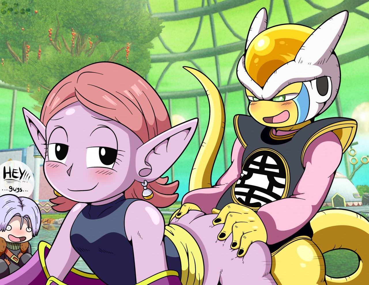 1girls, 2boys, blush, chronoa, core person, dragon ball, dragon ball heroes, dragon ball xenoverse, female, from behind, future trunks, goddess, grabbing from behind, male, multiple boys, multiple males, potara earrings, sex, text, trunks briefs, xeno trunks, xenoverse protagonist