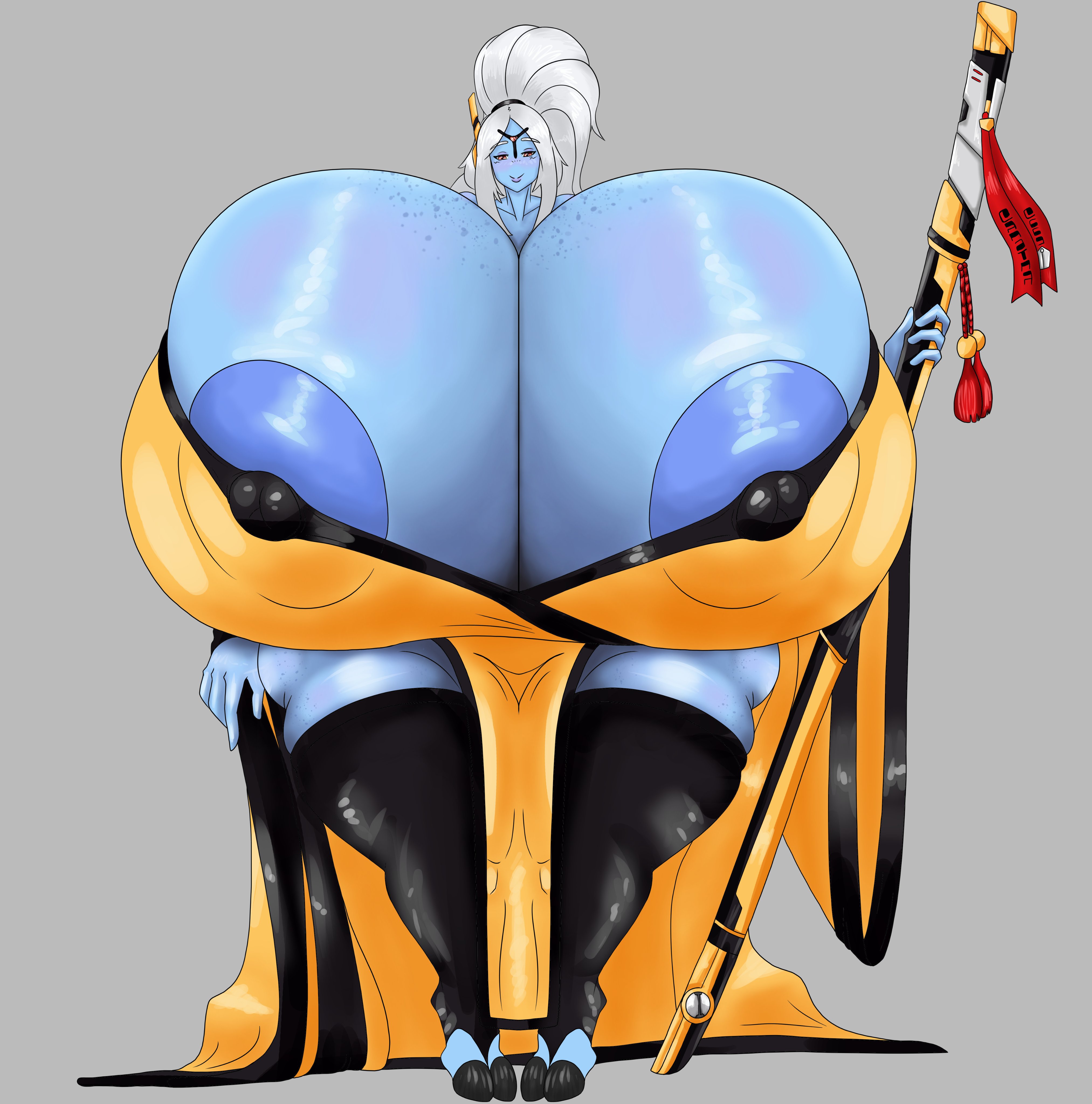 alien girl, blue skin, gigantic breasts, huge areolae, huge ass, huge breasts, smuggerssmuggs, tau, thick thighs, warhammer (franchise), warhammer 40k, white hair