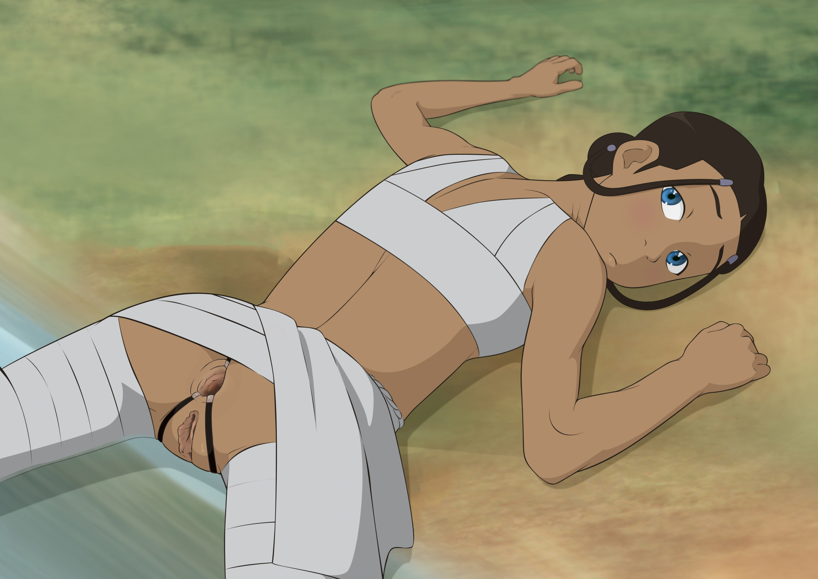 anal spreader, anaxus, anus, anus spreader, avatar the last airbender, clothing, dark skin, dark-skinned female, female, human, katara, looking back, lying down, pussy, solo, spread anus, tagme, water