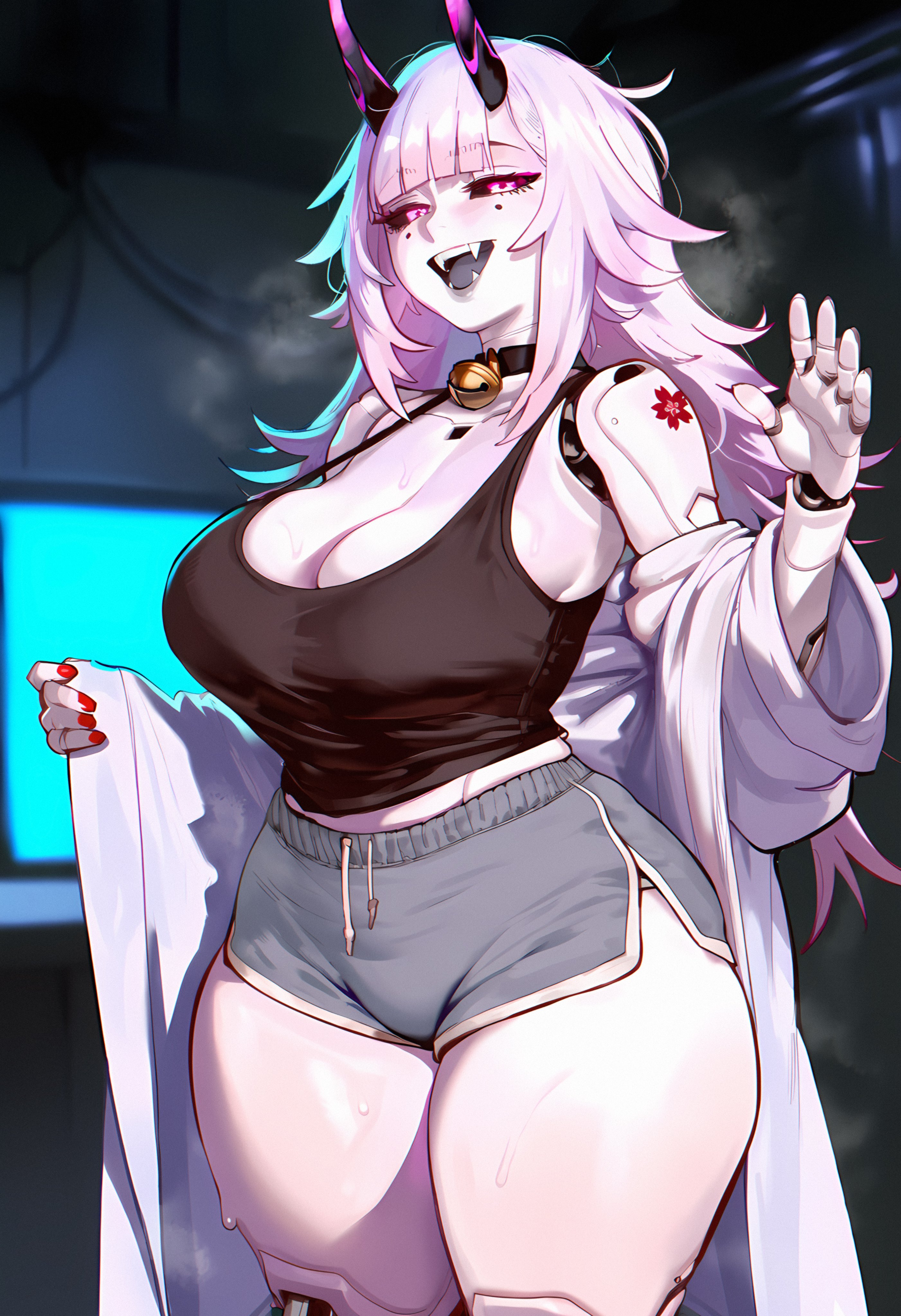 1girls, ai, ai art, ai generated, bare, bare breasts, bare chest, bare legs, bare shoulders, bare thighs, barely clothed, barely contained, barely contained breasts, beautiful, beautiful body, beauty, big breasts, black crop top, black sclera, black topwear, bodily fluids, breast focus, breasts, breasts bigger than head, breath, breath cloud, breathing, breathing heavily, choker, clanker, clothed, clothed sex, clothing, cowbell, cowbell collar, crop top, curvaceous, curvaceous body, curvaceous female, curvaceous figure, curves, curvy, curvy body, curvy female, curvy figure, curvy hips, disheveled, disheveled hair, enormous breasts, fangs, female, female focus, female only, flower, flower tattoo, genlation, gorgeous, gorgeous female, grey shorts, honkai (series), honkai: star rail, horns, hot, hourglass figure, hoyoverse, huge breasts, lab coat, laboratory, laboratory background, light skin, light-skinned female, long hair, long penis, long sleeves, looking at viewer, meaty thighs, messy, messy hair, mihoyo, mole, mole under eye, mostly clothed, mostly clothed female, nails, nails painted, naughty, naughty face, naughty girl, naughty smile, necklace, neetkle (genlation), nipples, oc, original character, partially clothed, partially clothed female, pink eyes, pink hair, red eyes, red nails, robot, robot girl, robot humanoid, robot joints, robotization, round breasts, seducing, seductive, seductive body, seductive eyes, seductive gaze, seductive look, seductive mouth, seductive pose, seductive smile, sexy, sexy body, simple background, smile, smiling, smiling at viewer, solo, solo female, solo focus, sparkle (honkai: star rail), sport shorts, sports shorts, standing, steam, steaming, steaming body, steamy, steamy breath, sweat, sweatdrop, sweaty, sweaty body, sweaty breasts, thick, thick hips, thick legs, thick thighs, thighs, tight clothes, tight clothing, tight crop top, tight shorts, topwear, two tone hair, uncensored, unusual pupils, visible breath, visible nipples, voluptuous, voluptuous female, wanting cock, wanting sex, wavy hair, white hair, white labcoat