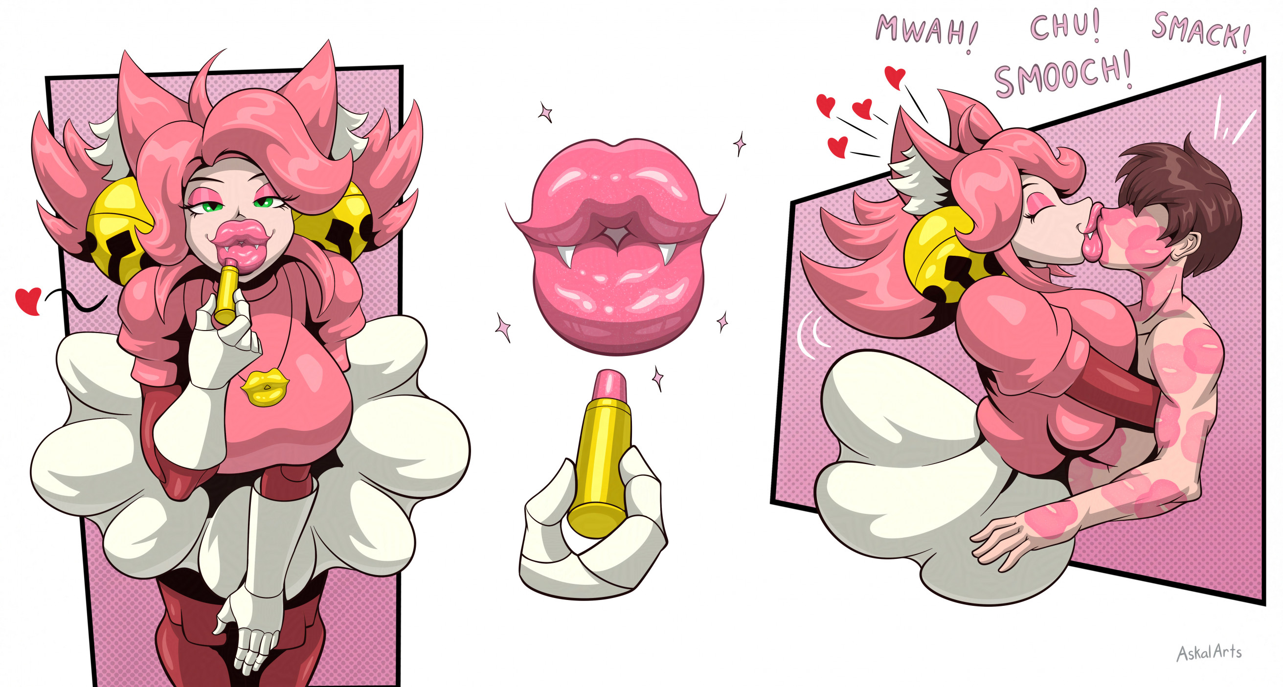 1boy, 1girls, ahoge, animal ears, applying lipstick, applying makeup, askalarts, bell, bell earrings, bell hair ornament, big breasts, big hair, big lips, bimbo, bimbo lips, bodystocking, breasts, breasts bigger than head, breasts press, breasts pressed against partner, brown hair, cat bell, cat ears, cat eyes, cat girl, catbell, close-up, clothed female, comic, comic background, comic panel, deltarune, doll, doll joints, eyelashes, eyes closed, eyeshadow, female, femdom, flowing skirt, gentle femdom, gloves, grabbing, green eyes, hearts, hearts around head, huge breasts, hugging, inner ear fluff, kemonomimi, kiss mark, kiss mark on arm, kiss mark on body, kiss mark on face, kiss mark on lips, kiss marks, kiss marks all over, kissing, kissing fetish, large breasts, large lips, light-skinned female, light-skinned male, lip fetish, lips, lips focus, lipstick, lipstick mark, lipstick mark on arm, lipstick mark on face, lipstick mark on lips, lipstick mark on neck, lipstick mark on stomach, lipstick marks, long sleeves, looking at viewer, mad mew mew, makeup, male, mew mew (undertale), mew mew kissy cutie, mwah, naked male, necklace, nude male, pendant, pendant necklace, pink (deltarune), pink hair, pink lips, puckered lips, puffy sleeves, robot, robot girl, robot joints, sharp teeth, skirt, smooch, smooching, spoken heart, surprised, thighhigh boots, thighhighs, undertale, white background