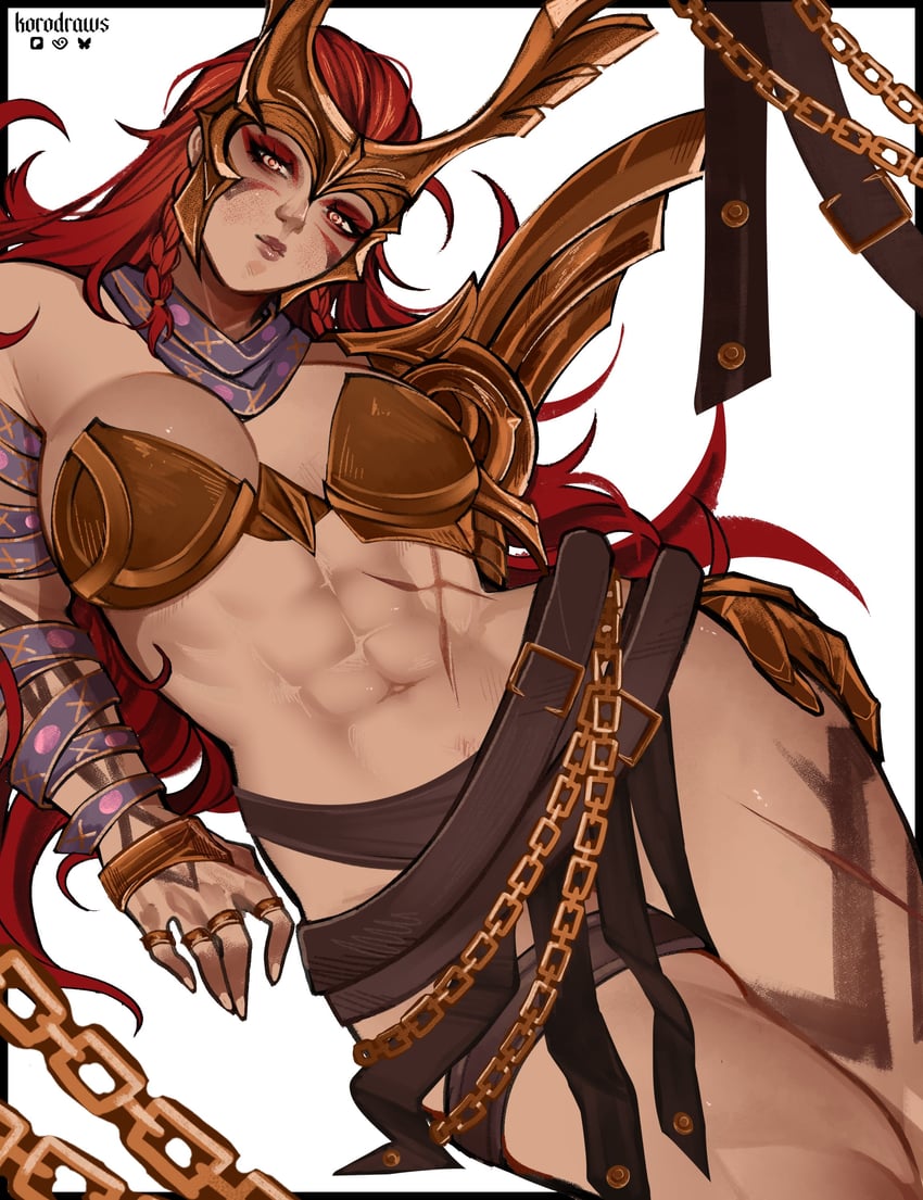 1girls, 2d, 2d (artwork), abdomen, abs, angela (aldrif odinsdottir), armor, asgardian, barely clothed, big breasts, bodypaint, breasts, chains, cleavage, comic character, facepaint, gold armor, gold bra, gold greaves, gold helmet, hand on hip, hand on thigh, hips, korodraws, light skin, light-skinned female, lipstick, long hair, looking at viewer, lying, marvel, marvel comics, marvel rivals, metal bra, muscular, muscular abdomen, muscular abs, muscular female, muscular thighs, red hair, revealing armor, revealing clothes, ring, scar, scar on stomach, simple background, solo, thick body, thick legs, thick thighs, thighs, thor (series), very long hair, video games, white background, winged headwear, yellow eyes