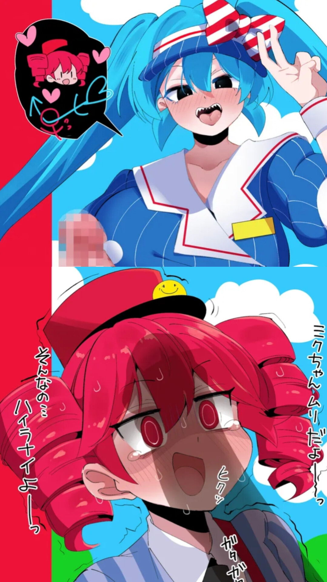 1futa, 1girls, 2girls, amaguri aniko, before sex, black eyes, blue hair, cap, censored, cum, dress, duo, eyes, female, futa, futa on female, futa with female, futanari, hair, hatsune miku, highres, intersex, kasane teto, large breasts, large penis, mesmerizer (vocaloid), mesmerizer miku, mesmerizer teto, penis, red eyes, red hair, sex, shirt, tongue, utau, vocaloid, yuri