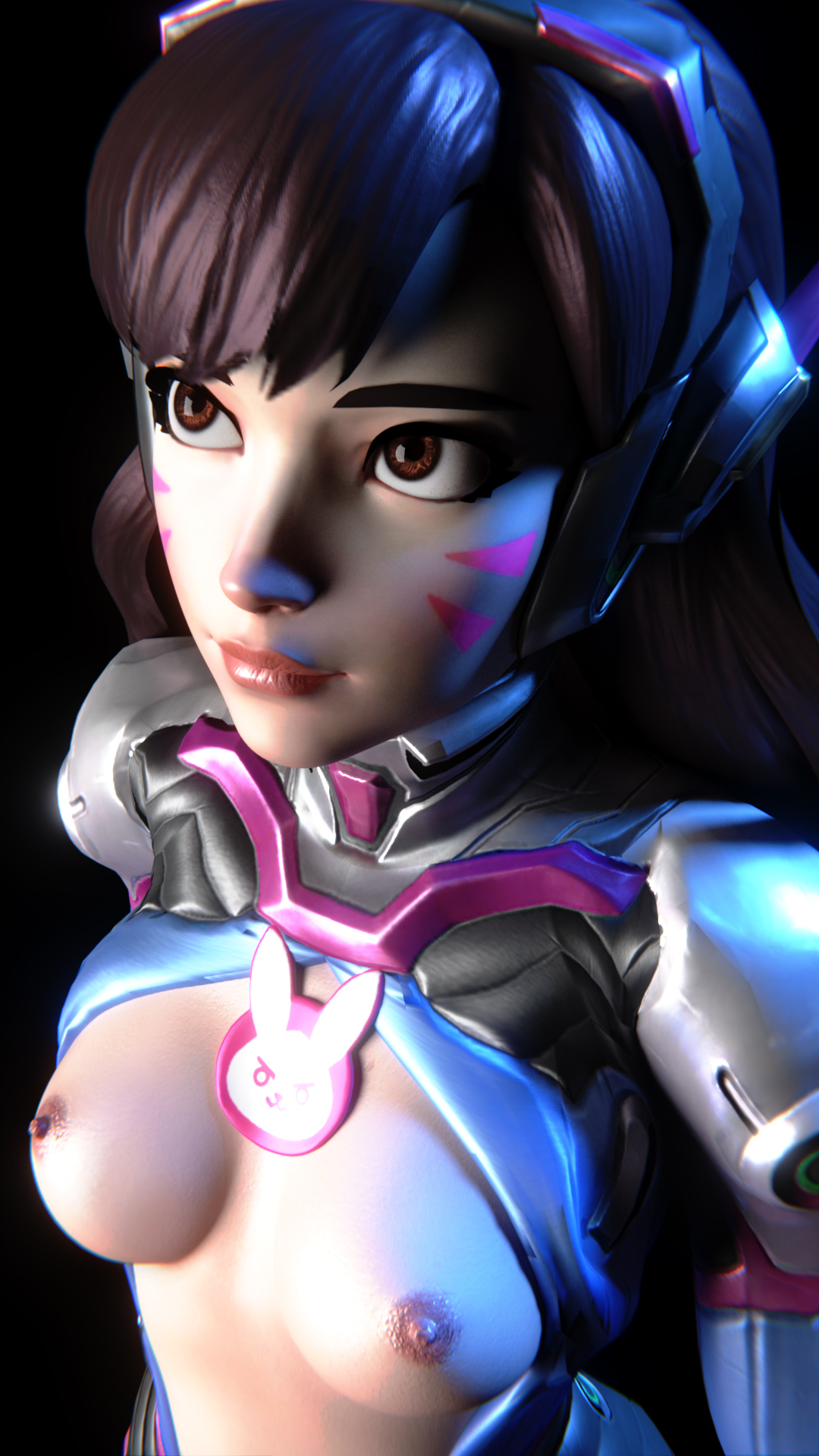 3d, bodysuit, breasts, brown hair, cute, d.va, exposed breasts, female, overwatch, pewposterous, solo, whisker markings