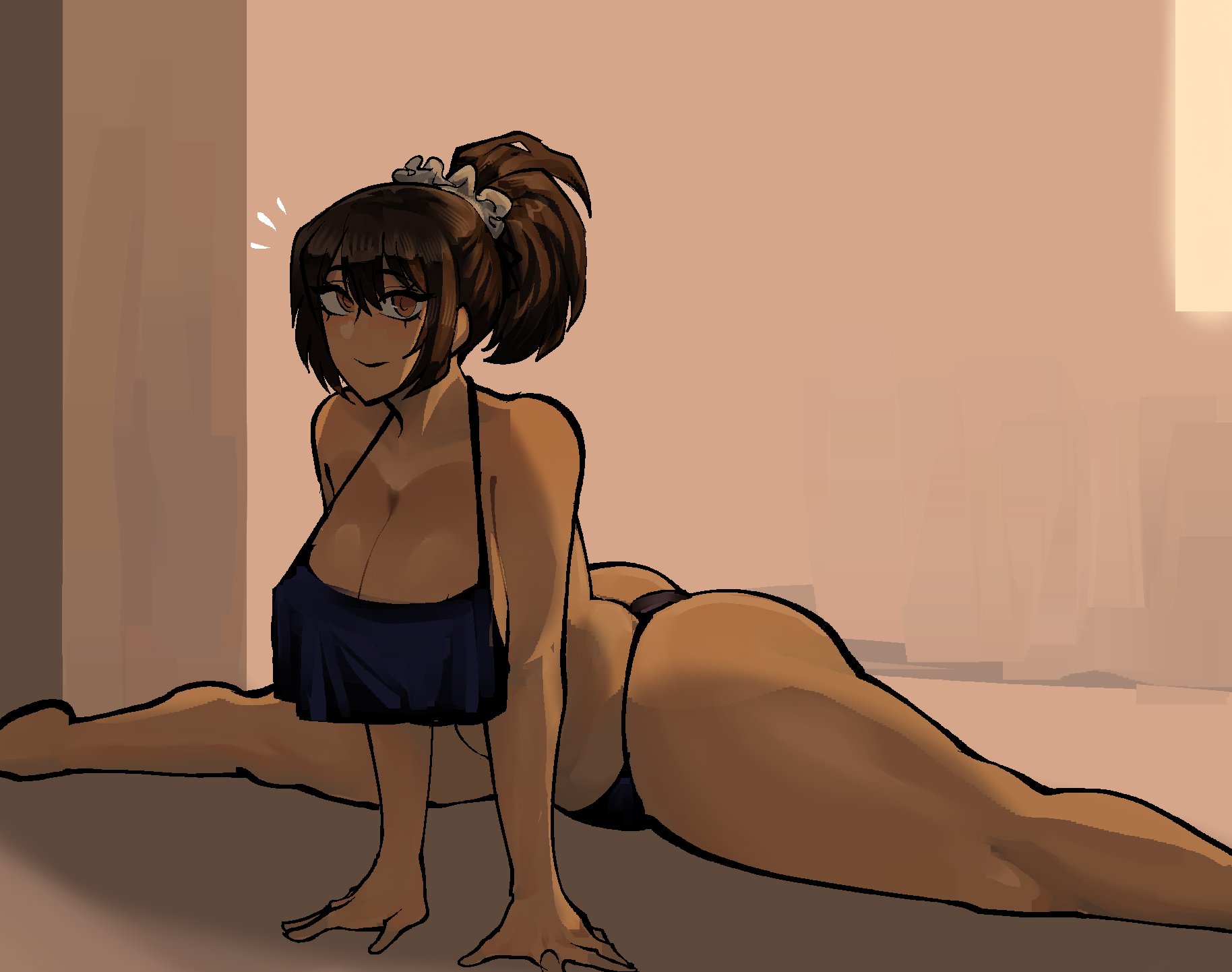 1girl, 1girls, 2d, 2d (artwork), alternate breast size, ass, big ass, big boobs, big breasts, big butt, black panties, black underwear, boobs, breasts, brown eyes, brown hair, bubble ass, bubble butt, butt, cleavage, color, colored, curvaceous, curvaceous body, curvaceous female, curvaceous figure, curvy, curvy body, curvy female, curvy figure, curvy hips, dark-skinned female, eclipseecliptus, exercise, female, female focus, female only, hair, hair ornament, high resolution, highres, legs apart, legs spread, limbus company, looking at viewer, maid headdress, nearly naked, nearly nude, nelly (limbus company), notice lines, olive skin, panties, plump ass, plump butt, ponytail, pose, posing, project moon, sexy, sexy body, sexy female, sexy pose, sideboob, simple background, smile, smiling, smiling at viewer, solo, solo female, solo focus, splits, spreading, spreading legs, stretching, tank top, thicc, thick, thick ass, thick butt, thick thighs, underwear, voluptuous, voluptuous body, voluptuous female