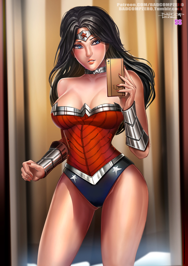 1girls, badcompzero, bare shoulders, black hair, blue eyes, bracelet, breasts, cellphone, cleavage, covered breasts, dc, dc comics, diana prince, female, female only, fully clothed, large breasts, legs, long hair, phone, selfie, smartphone, solo, thighs, tiara, wonder woman, wonder woman (series)