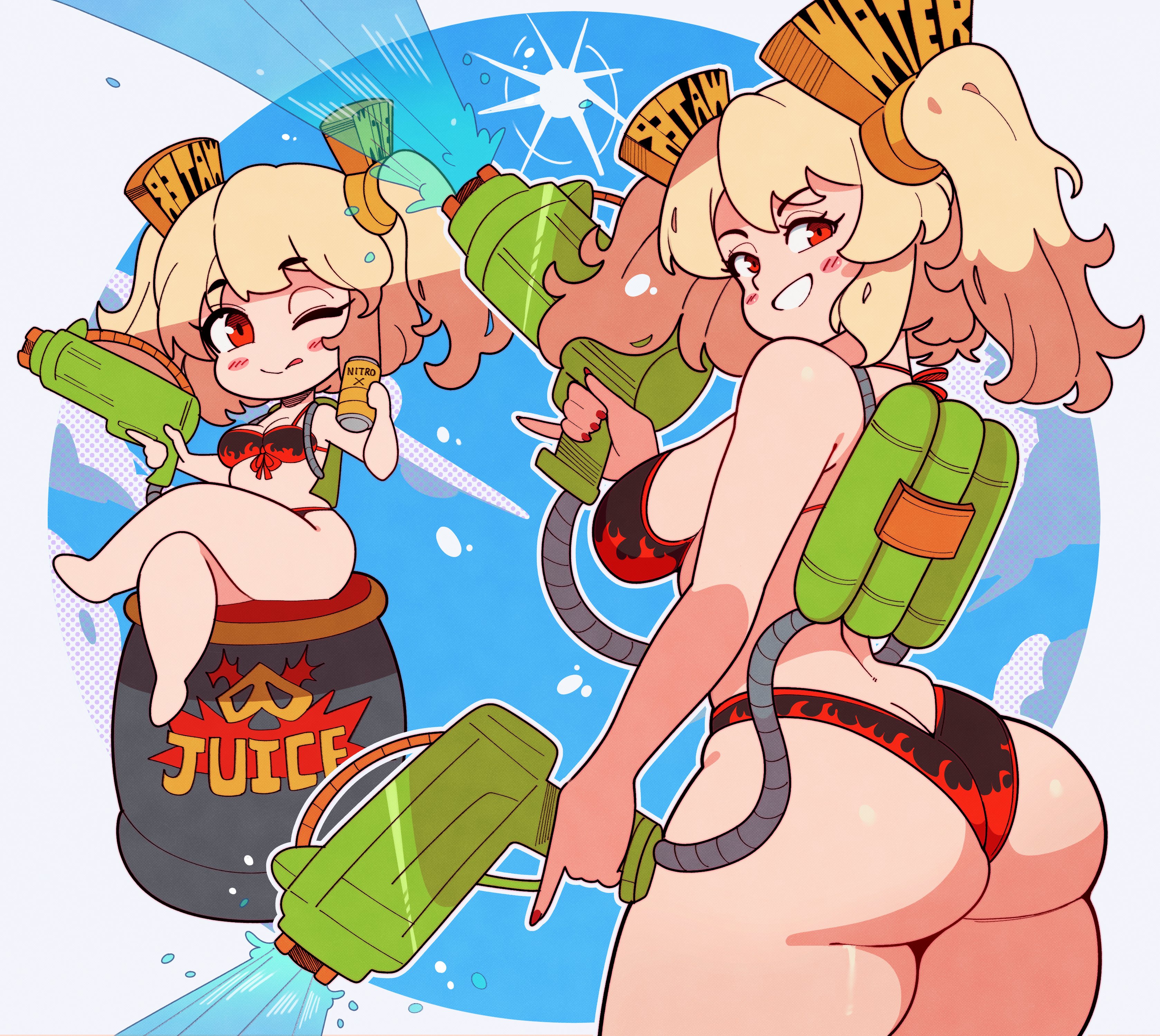 1girls, ass, big ass, big butt, burnice white, colored nails, female, female focus, female only, large breasts, light skin, light-skinned female, long nails, looking at viewer, painted nails, red nails, smile, solo, squirt gun, thick thighs, thighs, tiaramisstsu, water gun, wide hips, zenless zone zero