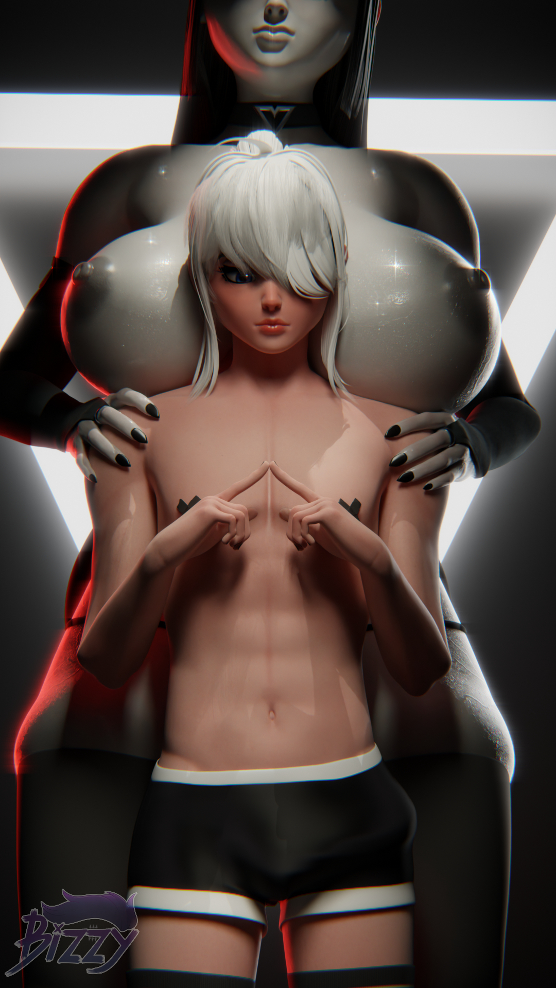 1boy, 1girls, 3d, 3d (artwork), big breasts, big penis, bizzy8008, blue eyes, boxers, breasts bigger than head, bulge, bulge through clothing, chest, choker, dominant female, fingertips touching, flaccid, flaccid penis, functionally nude, functionally nude female, functionally nude male, grey body, hair over one eye, highres, huge breasts, imminent sex, large breasts, oblivionfall, out of frame, pecs, phalia, scrag boy (model), scraggle, size difference, skindentation, smaller male, taller female, thick thighs, thighhighs, tits, tits bigger than head, topless, twink, underwear, white hair