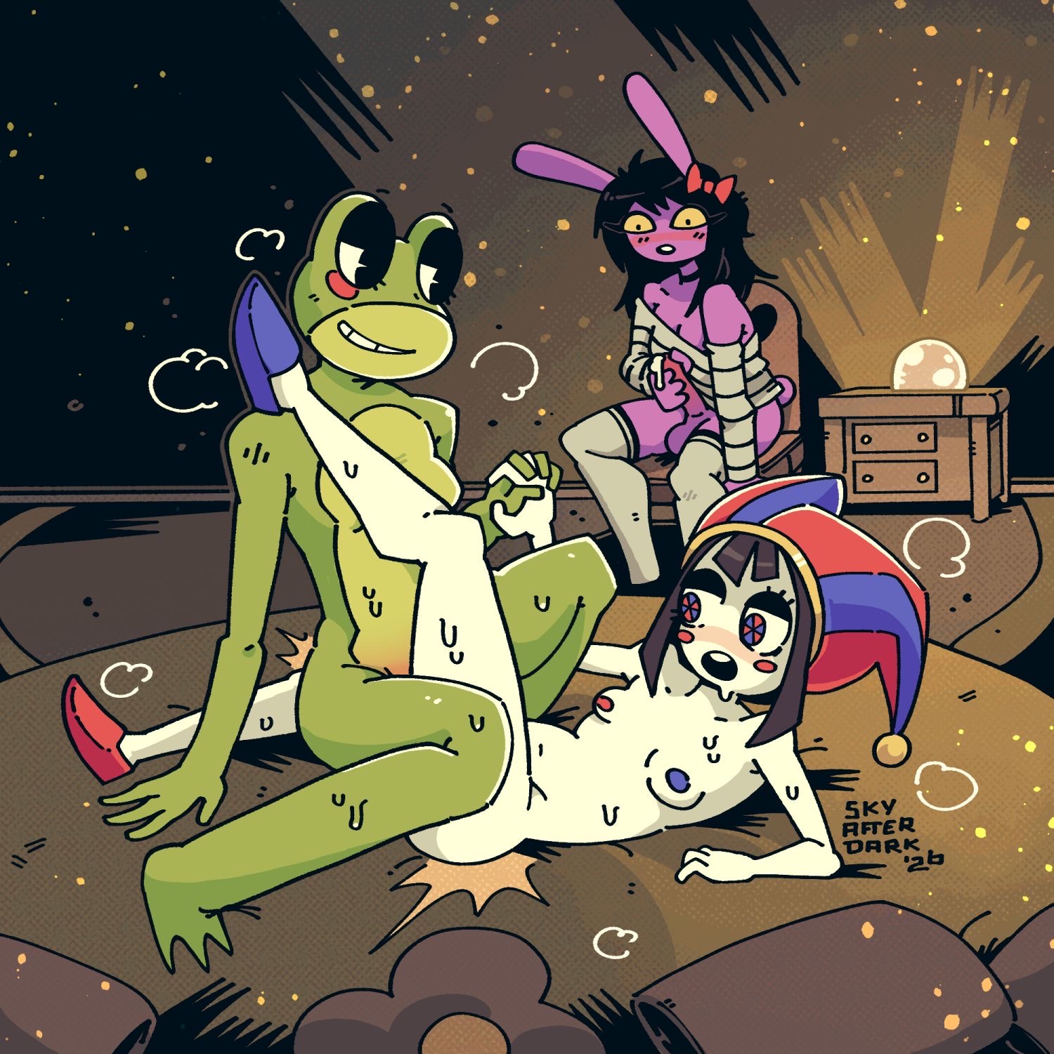 2girls, bunny, bunny girl, cuck, cuck chair, cucked by friend, cuckold, cuckolding, cuckquean, female, female focus, female/female, frog, frog girl, glitch productions, gooseworx's post-transition jax design, green body, hair, hair ornament, hat, hat only, holding hands, jax (the amazing digital circus), lesbian, long hair, long sleeves, masturbating, multicolored eyes, multicolored nipples, nipples, nude, nude female, pie cut eyes, pomni (the amazing digital circus), purple body, rabbit, ribbit (the amazing digital circus), scissoring, skyafterdark, small breasts, smile, sweat, sweatdrop, sweater, sweating, sweaty, sweaty body, tagme, the amazing digital circus, trans woman, trans woman (lore), transgender, tribadism, voyeur, voyeurism, watching, watching sex, yuri