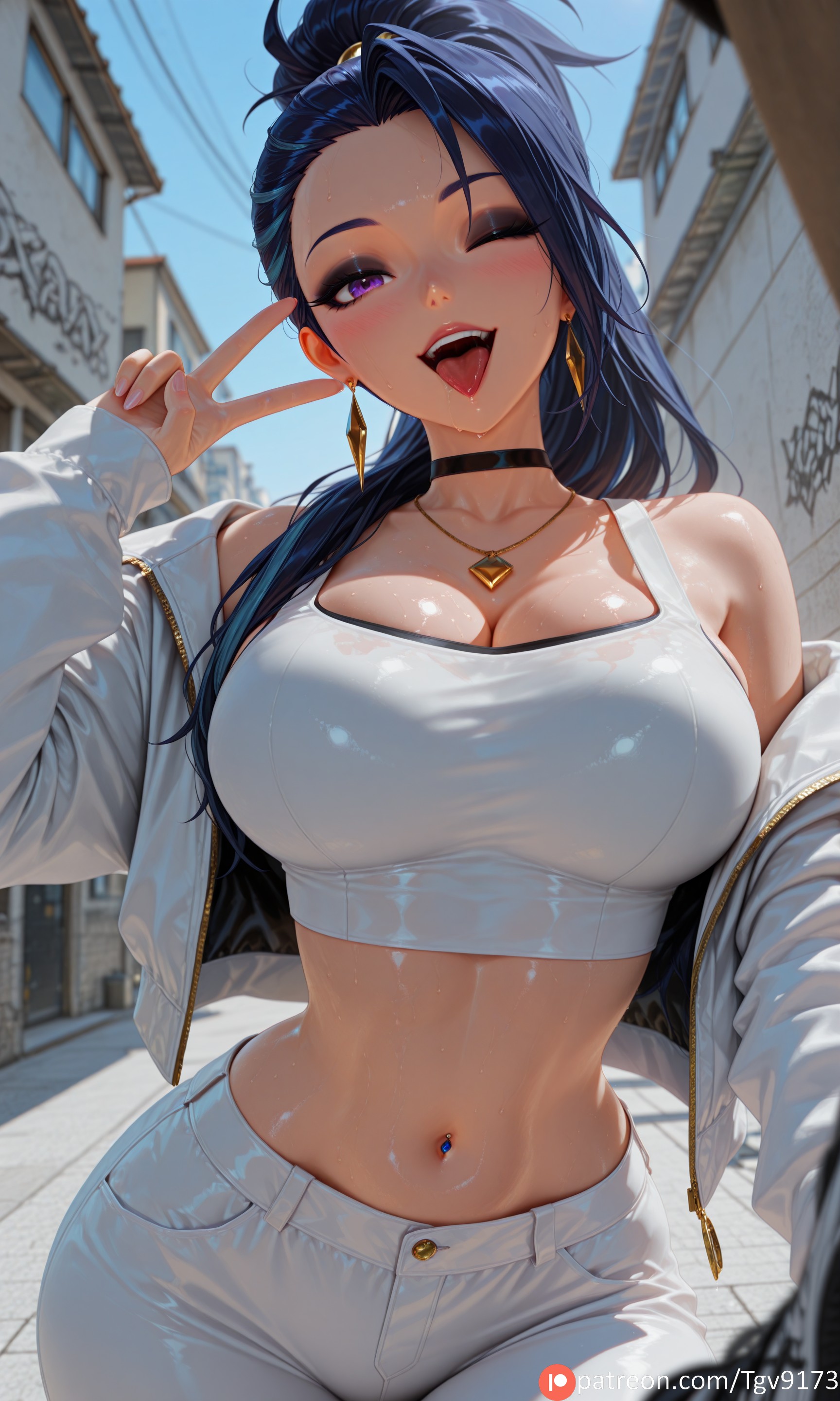 1girl, 1girls, ai generated, alternate breast size, alternate breast size (larger), alternate costume, bare shoulders, black hair, blue hair, blush, breasts, choker, cleavage, commission, commission art, commissions open, corruption, crop top, day, earrings, highres, image, image sample, image set, jacket, jewelry, kai'sa, large breasts, league of legends, long hair, looking at viewer, midriff, more at source, navel, navel piercing, necklace, off shoulder, one eye closed, open clothes, open jacket, open mouth, outdoors, pants, part of a set, patreon, patreon logo, patreon username, piercing, pixiv, pixiv commission, pixiv link, pixiv sample, ponytail, provocative, purple eyes, revealing clothes, self upload, selfie, smile, solo, streetwear, tank top, tgv9173, tongue, tongue out, v, white jacket, white pants