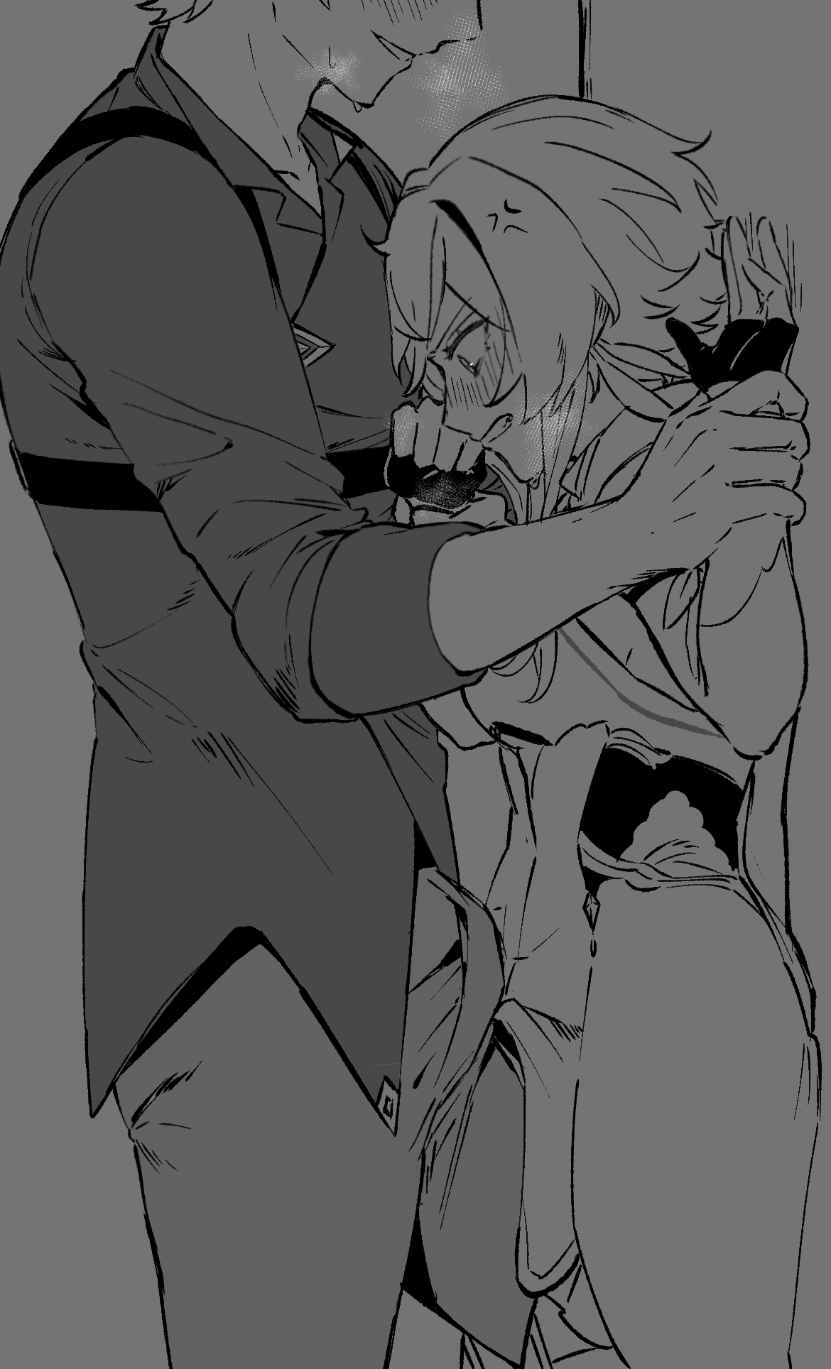 1boy, 1girls, against wall, blush, boner in pants, bulge, bulge through clothing, childe (genshin impact), erection under clothes, female, genshin impact, hand grab, height difference, leg between thighs, lumine (genshin impact), male, male/female, maledom, pinned, pinned to wall, short female, size difference, straight, taller male, tartaglia (genshin impact), visible breath
