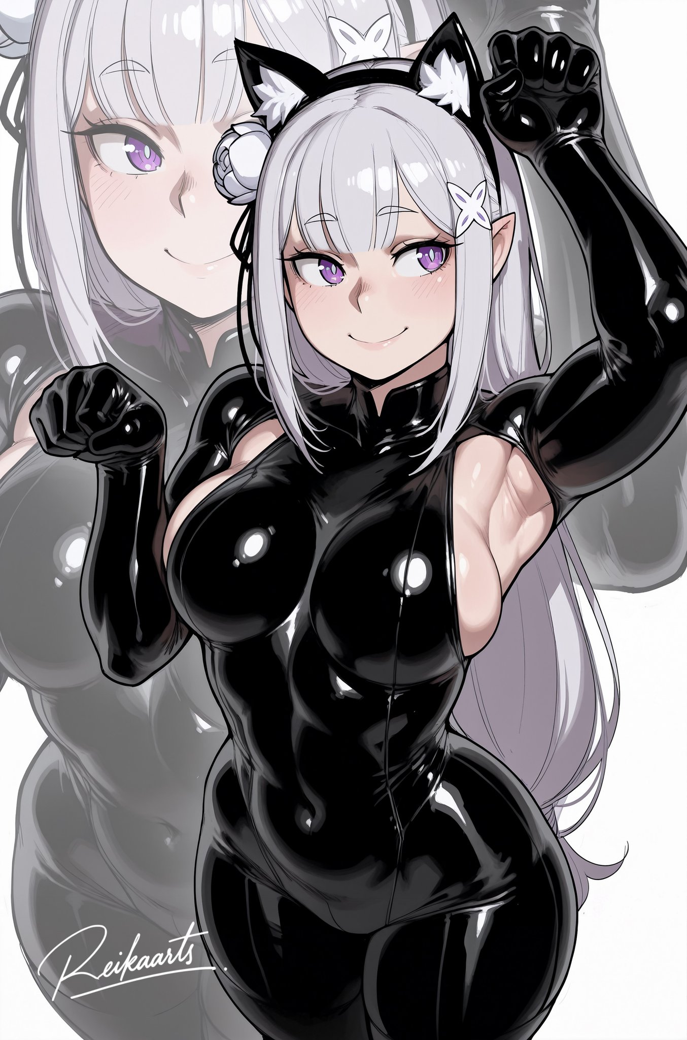 ai generated, cat ears, emilia (re:zero), latex, re:zero kara hajimeru isekai seikatsu, reikarts, silver hair, white hair