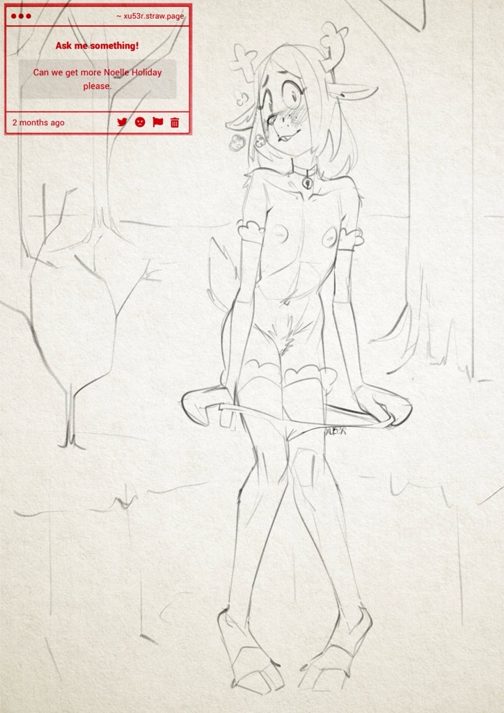 2025, anthro, antlers, breasts, christmas, christmas outfit, deer, deer ears, deer girl, deer tail, deltarune, english text, female, female only, forest, furry, long hair, monochrome, naked, no color, noelle holiday, panties, reindeer, removing clothing, request, semi clothed, semi nude, sketch, snout, strawpage request, tired, tired eyes, twitter link, undertale (series), xu53r