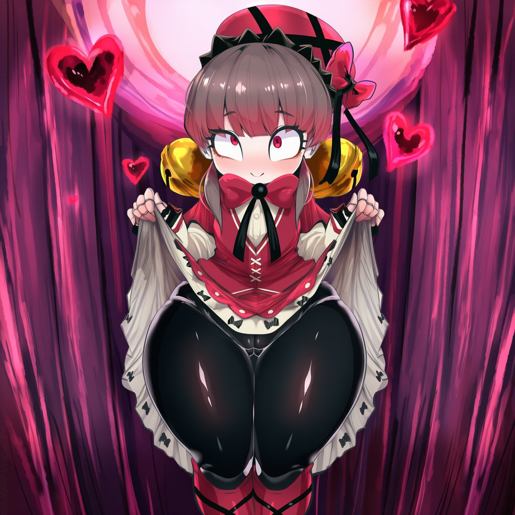 1girls, 2d, abnormality (project moon), ai generated, ass, bell, big ass, big butt, big thighs, black pantyhose, blush, boots, bow, brown hair, cameltoe, clothes lift, doll, doll joints, dress, dress lift, female, female only, flat chest, flat chested, hat, heart, laetitia (lobotomy corporation), large ass, large butt, large thighs, lifted by self, lobotomy corporation, looking at viewer, nightcordsrose, panties, panties under pantyhose, pantyhose, project moon, red eyes, skirt lift, smile, solo, solo female, thick ass, thick butt, thick thighs, thighs, underwear, wide hips