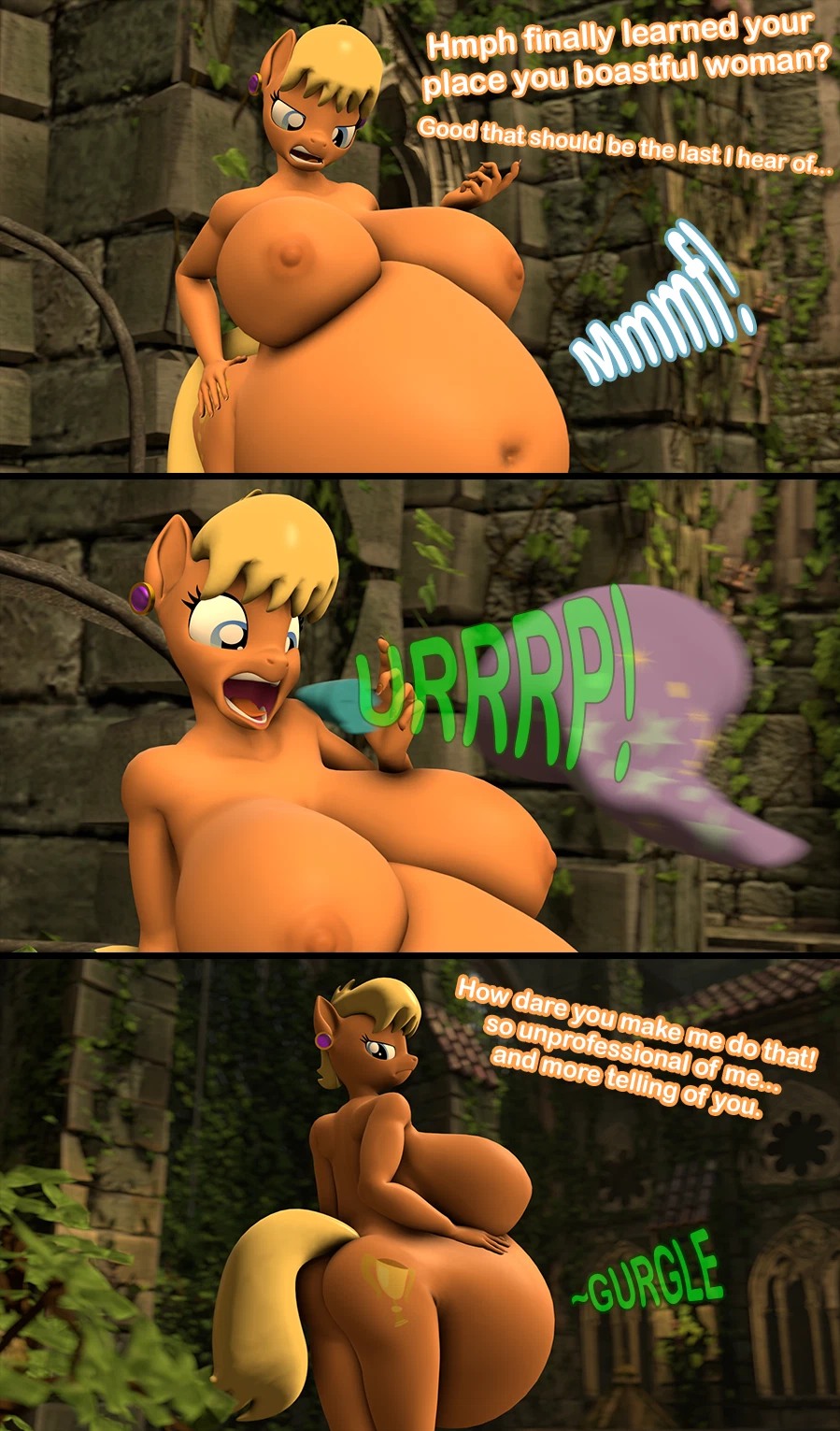big belly, equid, female pred, female prey, furry, hi res, horn, mammal, miss harshwhinny, my little pony, pony, text, vore, weight gain