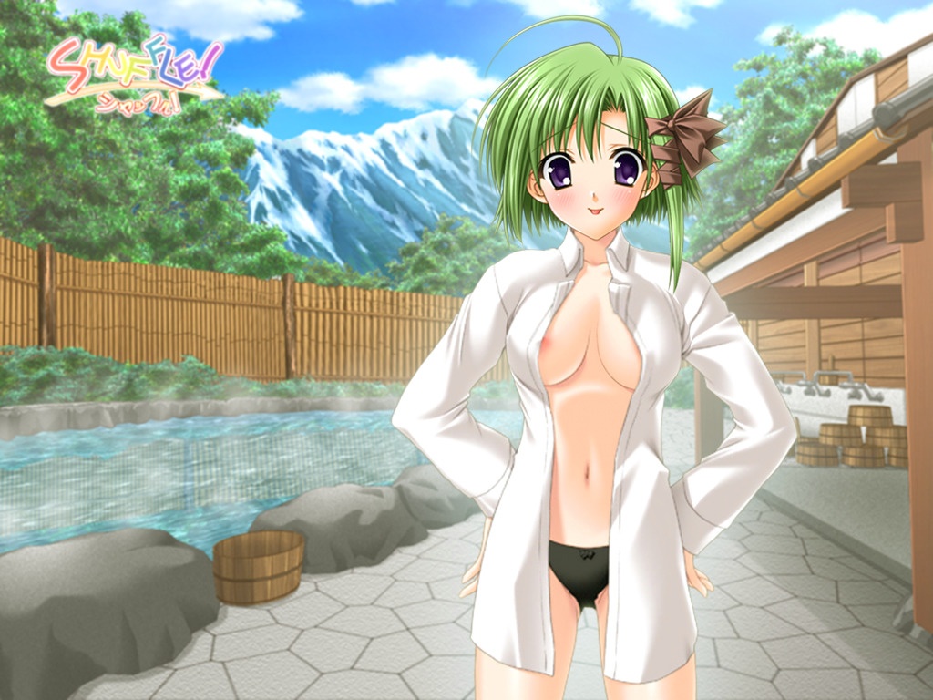 black_panties blush breasts female green_hair hot_springs nipples outdoors panties purple_eyes ribbon shigure_asa shirt short_hair shuffle! solo text white_shirt