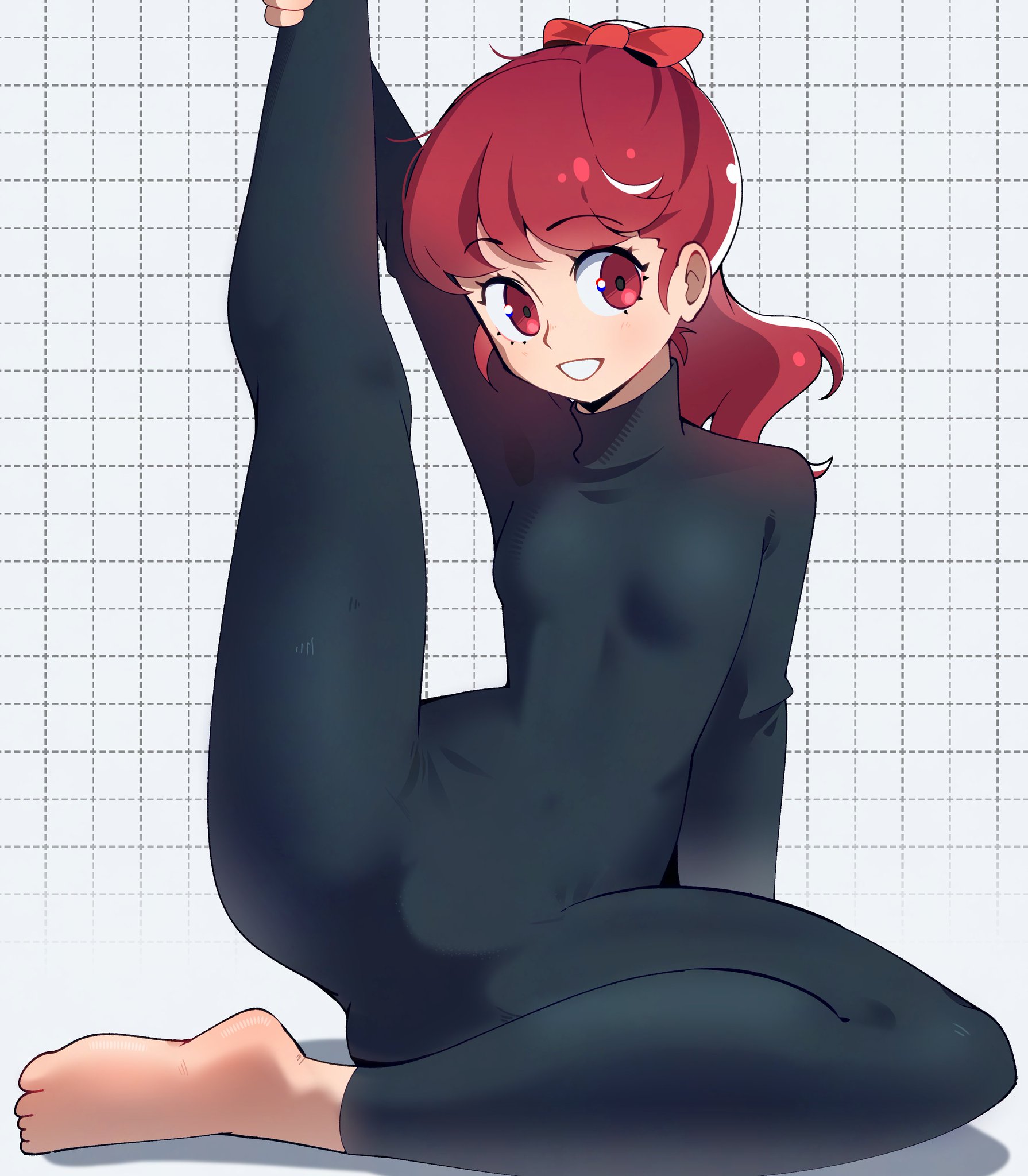 1girls, black bodysuit, bodysuit, clothed, clothed female, feet, gjh 1, kasumi yoshizawa, latex, latex clothing, latex suit, persona, persona 5, red eyes, red hair, sega, solo, stretching, stretching legs, sumire yoshizawa