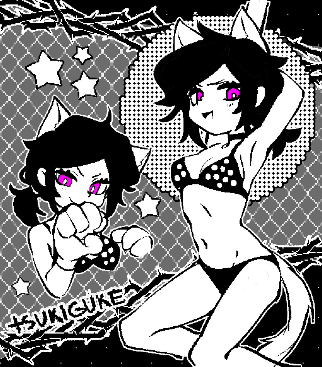 1girls, 2d, armpits, ashley graves, blac hair, bra, breasts, choker, ear, female, female only, looking at viewer, panties, paws, pink eyes, polka dot, polka dot bra, ponytail, solo, solo female, tail, the coffin of andy and leyley, tsukiguke, underwear, wolf ears, wolf girl, wolf tail