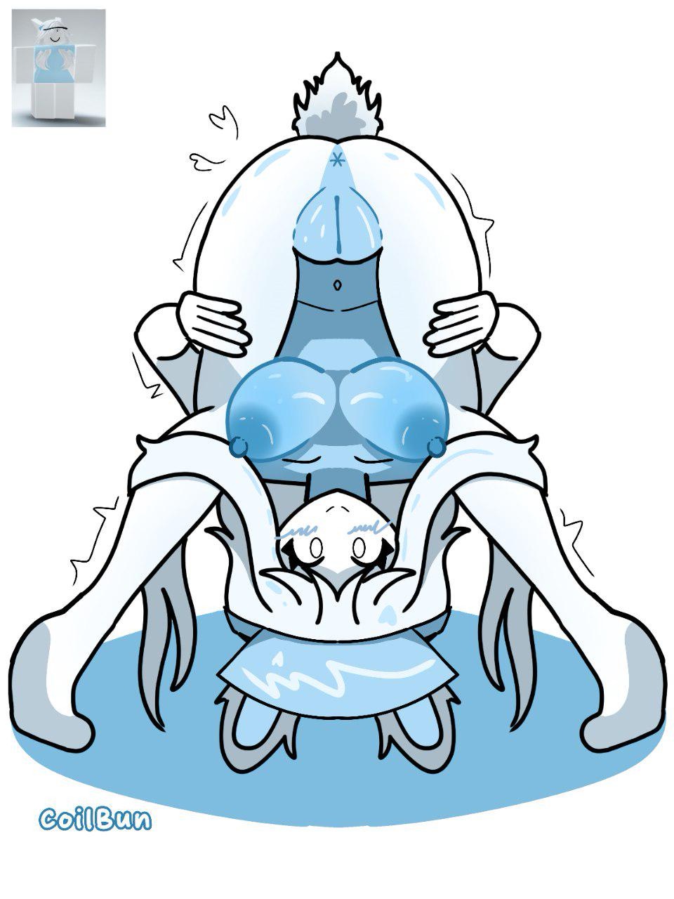 1girls, anus, areolae, art trade, artist name, ass, blue body, blue torso, blush, breasts, bunny ears, coilbun, feet, female, female only, looking at viewer, naked, nipples, pussy, reference image, roblox, roblox avatar, robloxian, smile, solo, solo female, spread legs, tagme, tail, teasing, thighs, upside-down, white skin