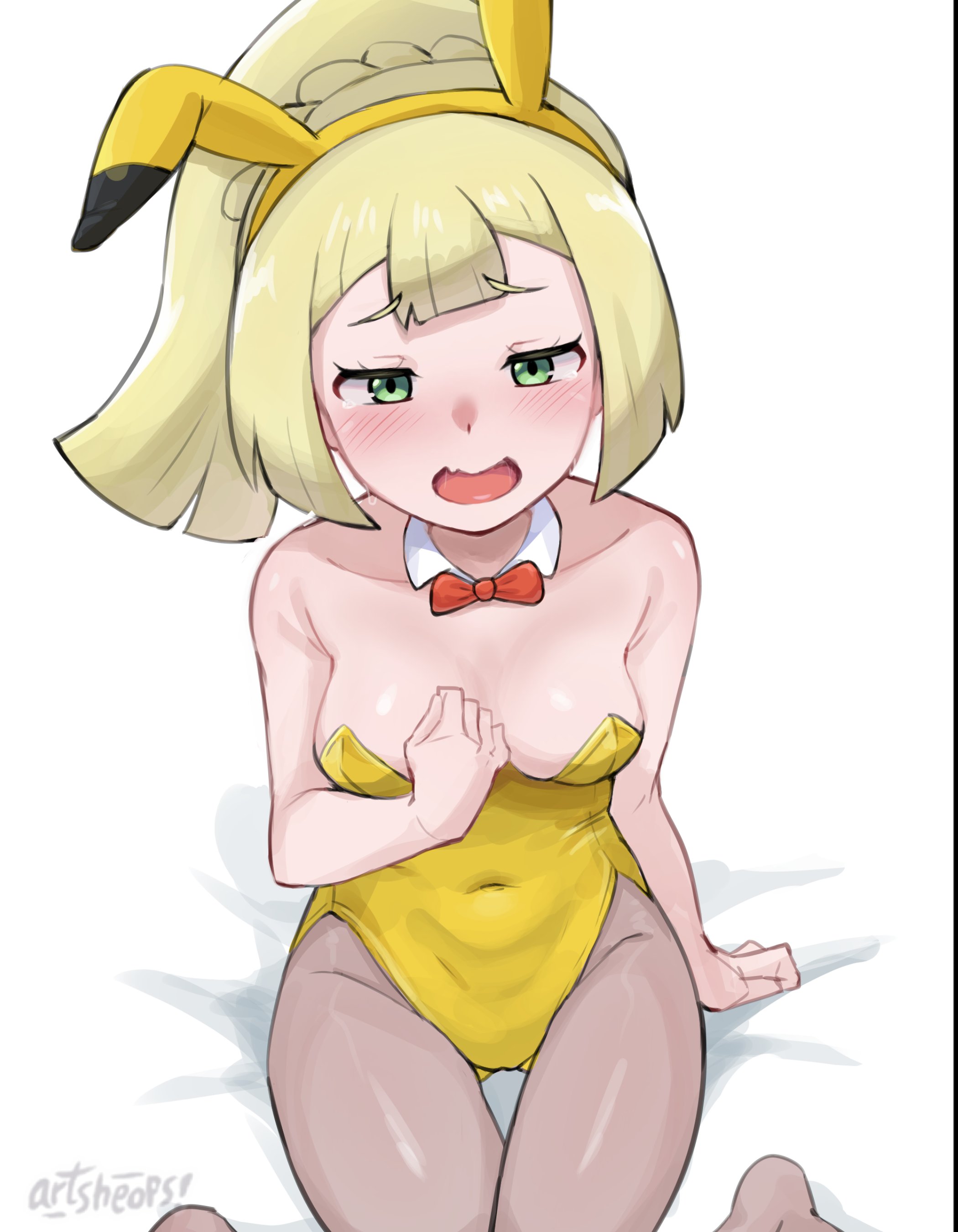 1girls, absurdres, alternate costume, animal ear hairband, animal ears, artsheops, blonde hair, blunt bangs, blush, bow, bowtie, braid, breasts, brown pantyhose, covered navel, detached collar, fake animal ears, female, female only, gluteal fold, green eyes, hairband, highleg, highleg leotard, highres, leotard, lillie (pokemon), long hair, nintendo, oerba yun fang, open mouth, pantyhose, pikachu (cosplay), pikachu ears, pokemon, pokemon sm, ponytail, ponytail with braided base, rabbit ears, sitting, skin fang, small breasts, solo, strapless, strapless leotard, white background, yellow leotard