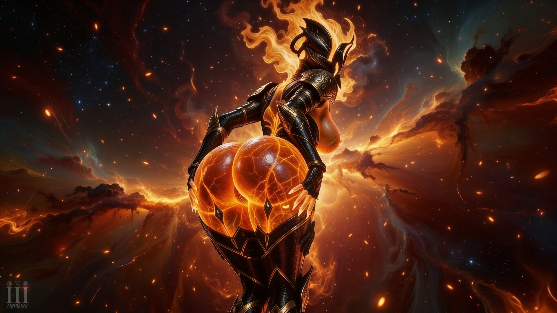 ai assisted, ai generated, armor, armored female, ass, ass focus, big ass, big breasts, breasts, cosmic background, ember (warframe), ember heirloom (warframe), female, fire, flames, glowing body, glowing skin, highres, huge ass, nipples, orange body, orange skin, patreon, presenting ass, space, tripleize, wallpaper, warframe, watermark