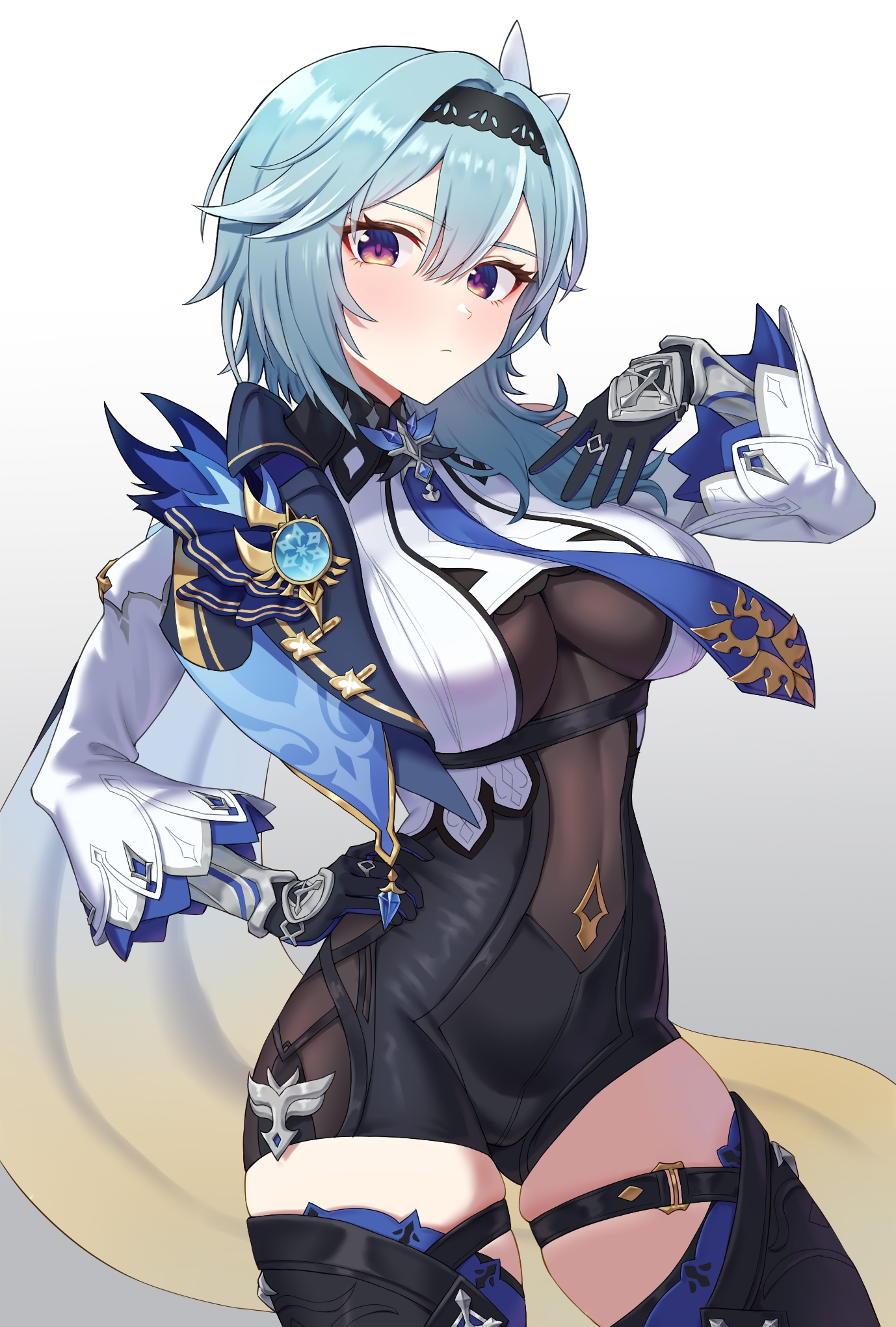 black gloves, black hairband, blue cape, blue hair, blue necktie, blush, boots, breasts, cape, chest harness, cleavage, closed mouth, clothing cutout, dot mouth, dot nose, eula (genshin impact), female, female only, genshin impact, gloves, grey background, hair between eyes, hair intakes, hairband, hand on own chest, hand on own hip, hand up, harness, high-waist shorts, highres, kadokadokado, large breasts, linea alba, long sleeves, medium hair, necktie, purple eyes, see-through cleavage, see-through clothes, shorts, shoulder cutout, sidelocks, skindentation, solo, thigh boots, vision (genshin impact), white sleeves, wide sleeves