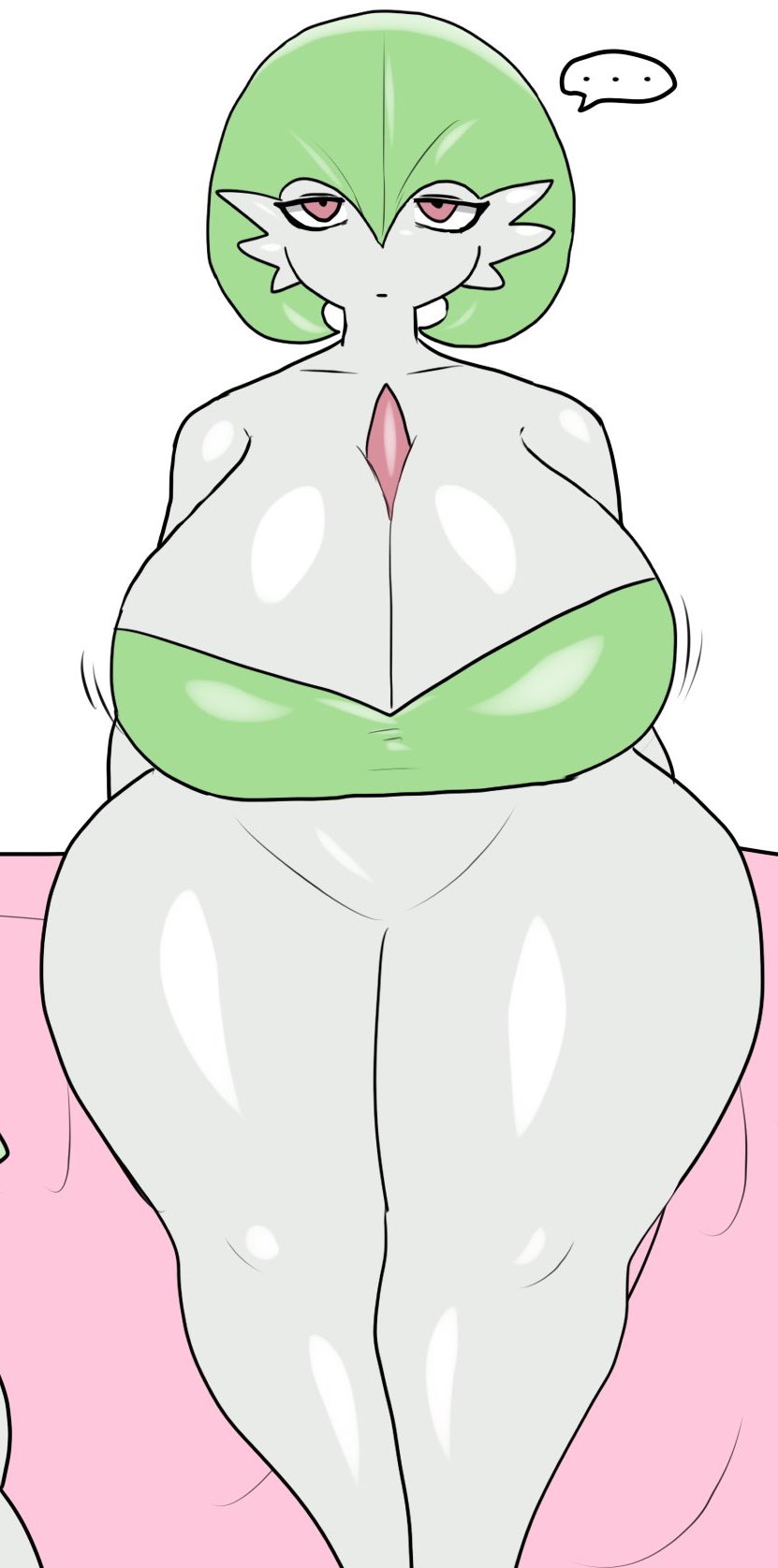 big breasts, breasts, enigi09, female, female focus, female only, gardevoir, green hair, green hair female, large boobs, large breasts, neutral, neutral expression, pokémon (species), pokemon, pokemon (species), red eyes, red eyes female, solo, solo female, solo focus, thick thighs, thighs
