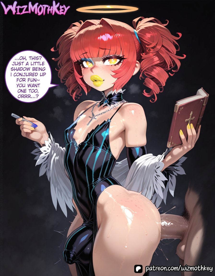1boy, ai generated, anal, anal sex, ass, ball bulge, bangs, bare shoulders, blush, book, bulge, bulge through clothing, covered navel, detached sleeves, dialogue, disembodied penis, dress, drill hair, english text, erection, eyebrows visible through hair, eyelashes, eyeshadow, femboy, fingernails, freckles, gold eyes, golden eyes, halo, heart, highleg, highleg leotard, holding, jewelry, leotard, lipstick, male, male pubic hair, nail polish, penis, penis bulge, pov, pubic hair, puffy lips, red hair, sex, shiny, solo focus, standing, sweat, testicles, tight clothing, tight dress, trap, twintails, wings, wizmothkey, yaoi, yellow eyes, yellow lipstick