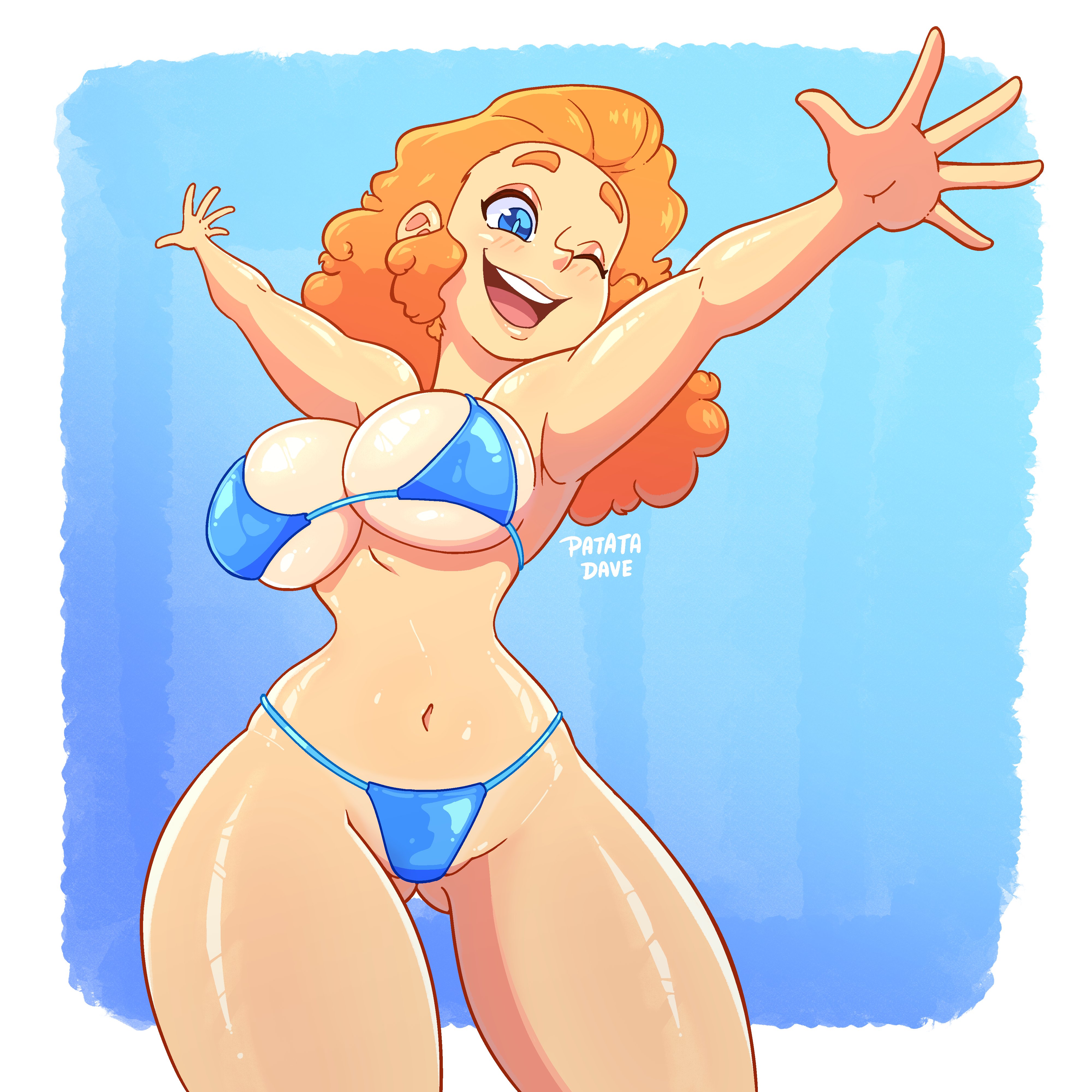 1girls, 2026, alternate breast size, alternate version available, anime style, approval, art trade, ashamed, ass, ass focus, bare legs, beach background, big breasts, big nipples, bikini, bikini only, blue bikini, blue bikini bottom, blue bikini top, blue eyes, blue shorts, breasts, breasts bigger than head, cell shading, character name, cleavage, cleavage cutout, comic, comic panel, covered nipples, covered pussy, curvy female, dynamic angle, dynamic pose, energetic expression, female, female only, front view, gradient background, happy, hindquarters, hips wider than shoulders, huge ass, huge breasts, jumping, kajinman, keyla (patatadave), long hair, looking to the side, midriff, new design, nipple bulge, nipples visible through clothing, no penetration, oc, one eye closed, open mouth, orange hair, original character, patata dave, presenting, presenting breasts, presenting hindquarters, redesign, revealing clothes, seductive pose, sfw, skimpy clothes, sleeveless top, smiling, solo, thick legs, thick thighs, variant set, venus body, victory pose, voluminous hair, wavy hair, wide hips
