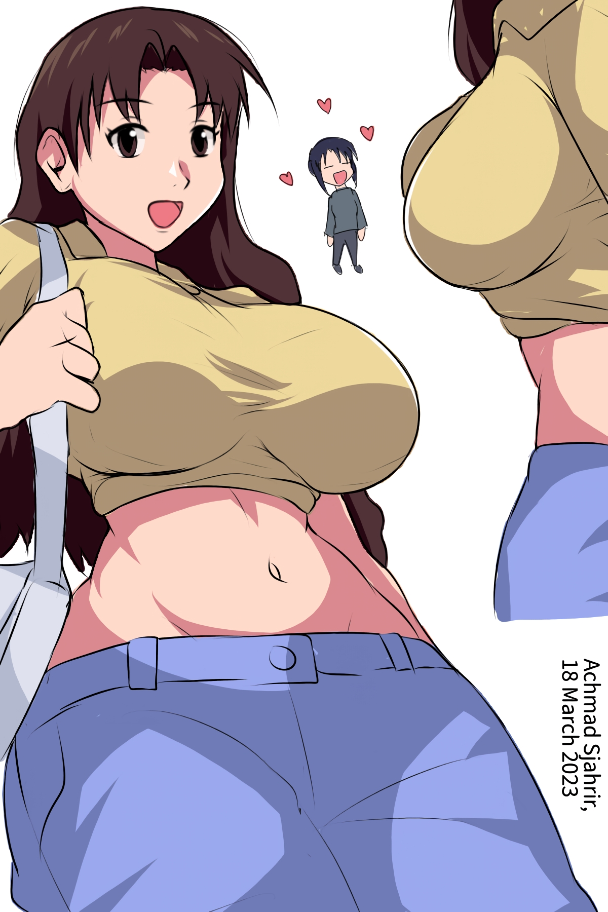 = =, 2023, 2girls, achmad sjahrir, artist name, azumanga daiou, bag, black hair, black skirt, blue pants, breast awe, brown hair, grey shirt, heart, large breasts, long hair, midriff, navel, nyamo minamo kurosawa, open mouth, pants, shirt, yellow shirt, yukari tanizaki
