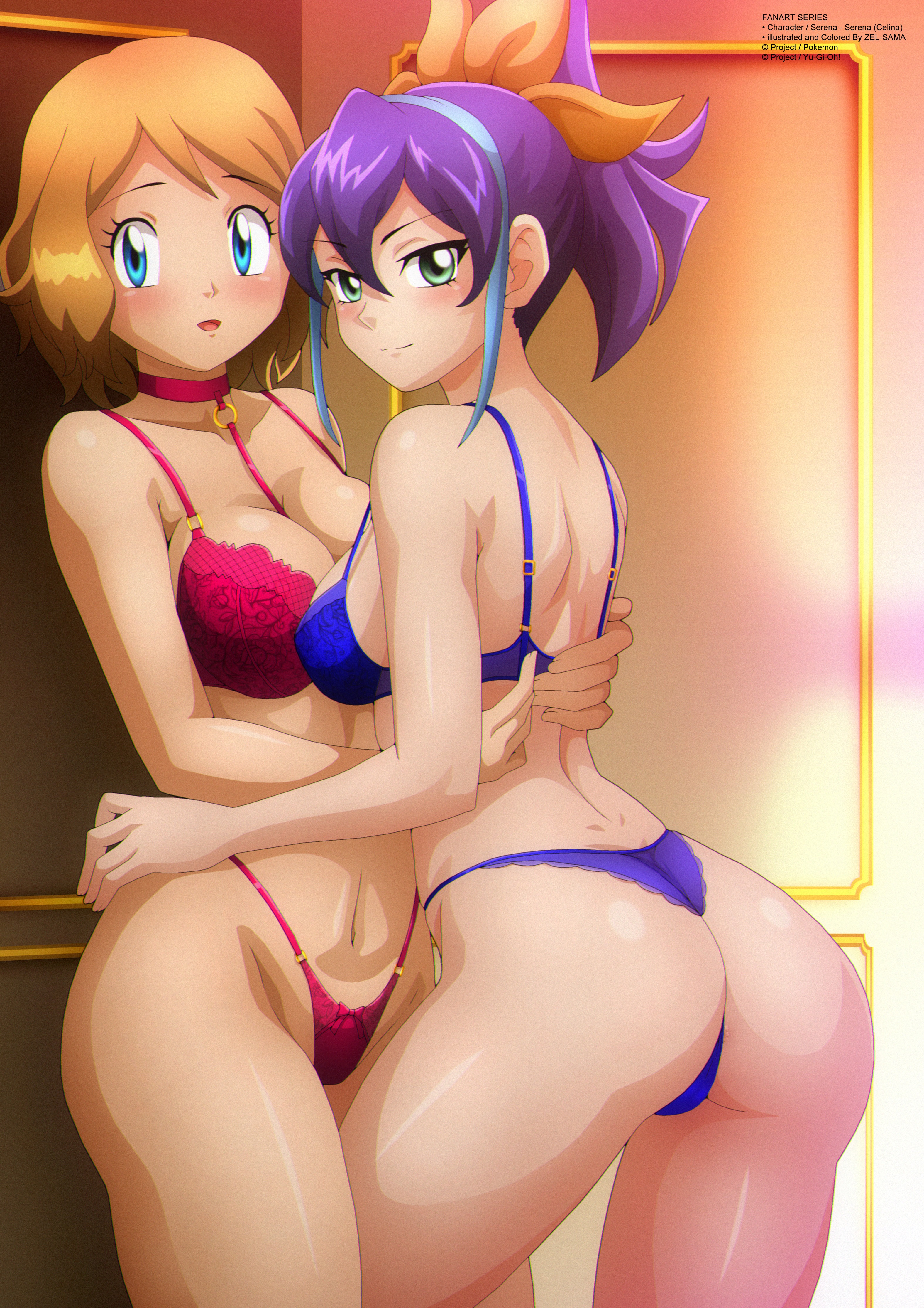 2girls, absurdres, ass, blue bra, blue eyes, blue hair, blue panties, blush, bow, bow panties, bra, breasts, brown hair, celina, cleavage, collarbone, crossover, female, female only, floral print, green eyes, hair ribbon, highleg, highleg panties, highres, hug, large breasts, long hair, looking at viewer, looking back, medium breasts, multicolored hair, multiple girls, name connection, navel, nintendo, open mouth, orange ribbon, panties, pokemon, pokemon xy, ponytail, print bra, print panties, purple hair, red bow, red bra, red panties, ribbon, serena (pokemon), serena (yu-gi-oh! arc-v), short hair, smile, streaked hair, underwear, yu-gi-oh!, yu-gi-oh! arc-v, yuri, zel-sama