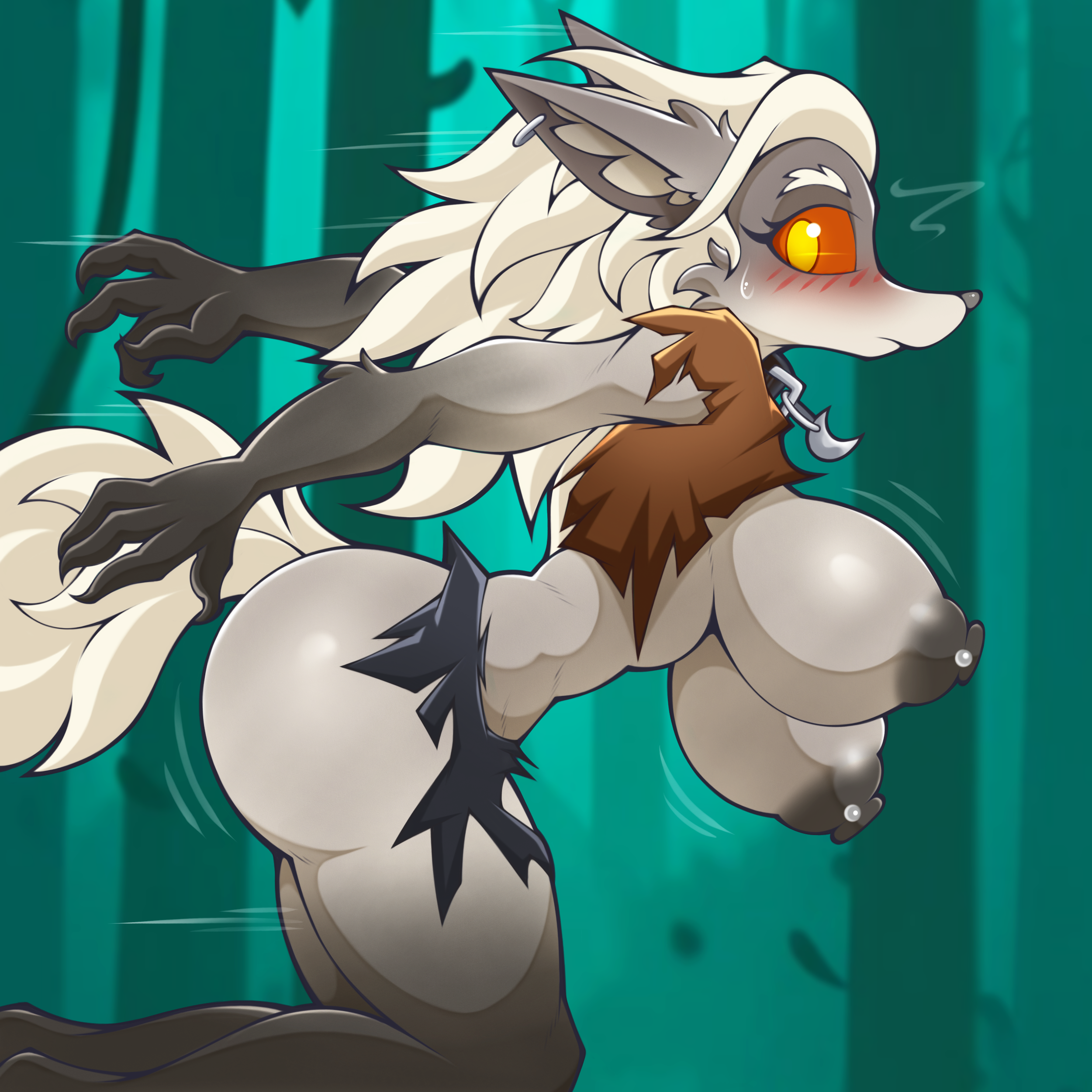 1:1, absurd res, anthro, areola, barbell piercing, big breasts, blush, blush lines, bouncing breasts, breasts, canid, canine, clothing, collar, deadlock, ear piercing, exposed breasts, eyelashes, female, fur, hair, hanging breasts, hi res, huge breasts, inner ear fluff, long eyelashes, mammal, motion lines, mythological canine, mythological creature, mythology, nipple piercing, nipples, piercing, rurihal, side view, silver (deadlock), solo, torn clothing, tuft, valve, werecanid, werecanine, werecreature, werewolf, werewolf girl, white body, white fur, white hair, yellow eyes