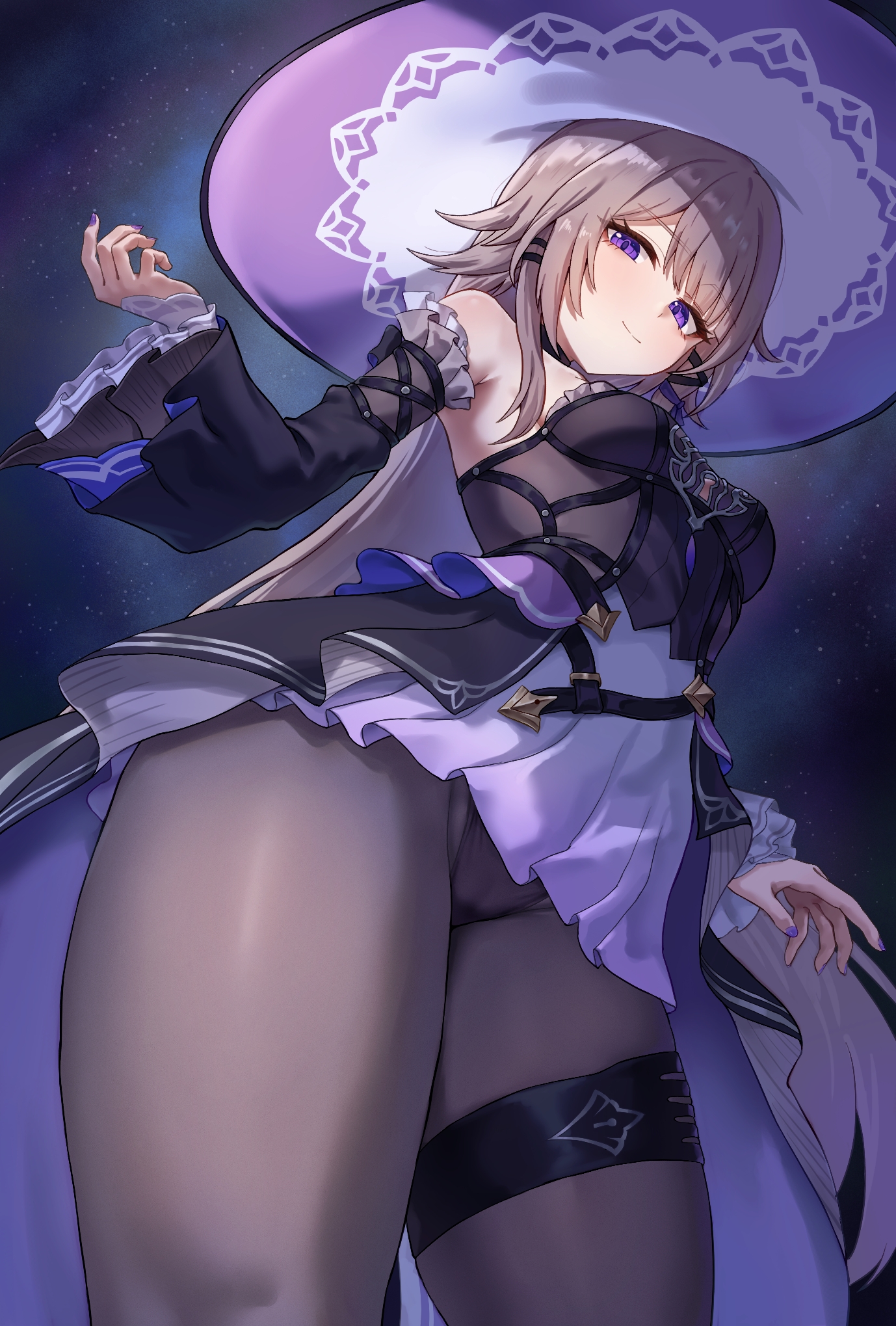 1girls, black dress, breasts, cleavage, closed mouth, detached sleeves, dress, female, female only, hat, herta (honkai: star rail), highres, honkai (series), honkai: star rail, kadokadokado, large breasts, long hair, looking at viewer, purple eyes, purple hat, smile, solo, strapless, strapless dress, the herta (honkai: star rail), thick thighs, thighs, witch hat