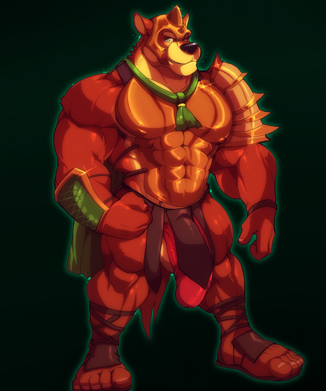 1boy 5_toes abs animal_genitalia anthro armlet armor barefoot belly biceps big_biceps big_penis black_nose bracelet cape chest_plate clothing cursedmarked erection front_view getfur getfur_(artist) green_eyes headgear helmet hi_res horn huge_cock humanoid_penis jewelry looking_at_viewer male male_only manly mature_male muscular muscular_male nipples partially_retracted_foreskin pecs penis pose simple_background smile solo standing thick_penis toes uncut underwear vein veiny_penis