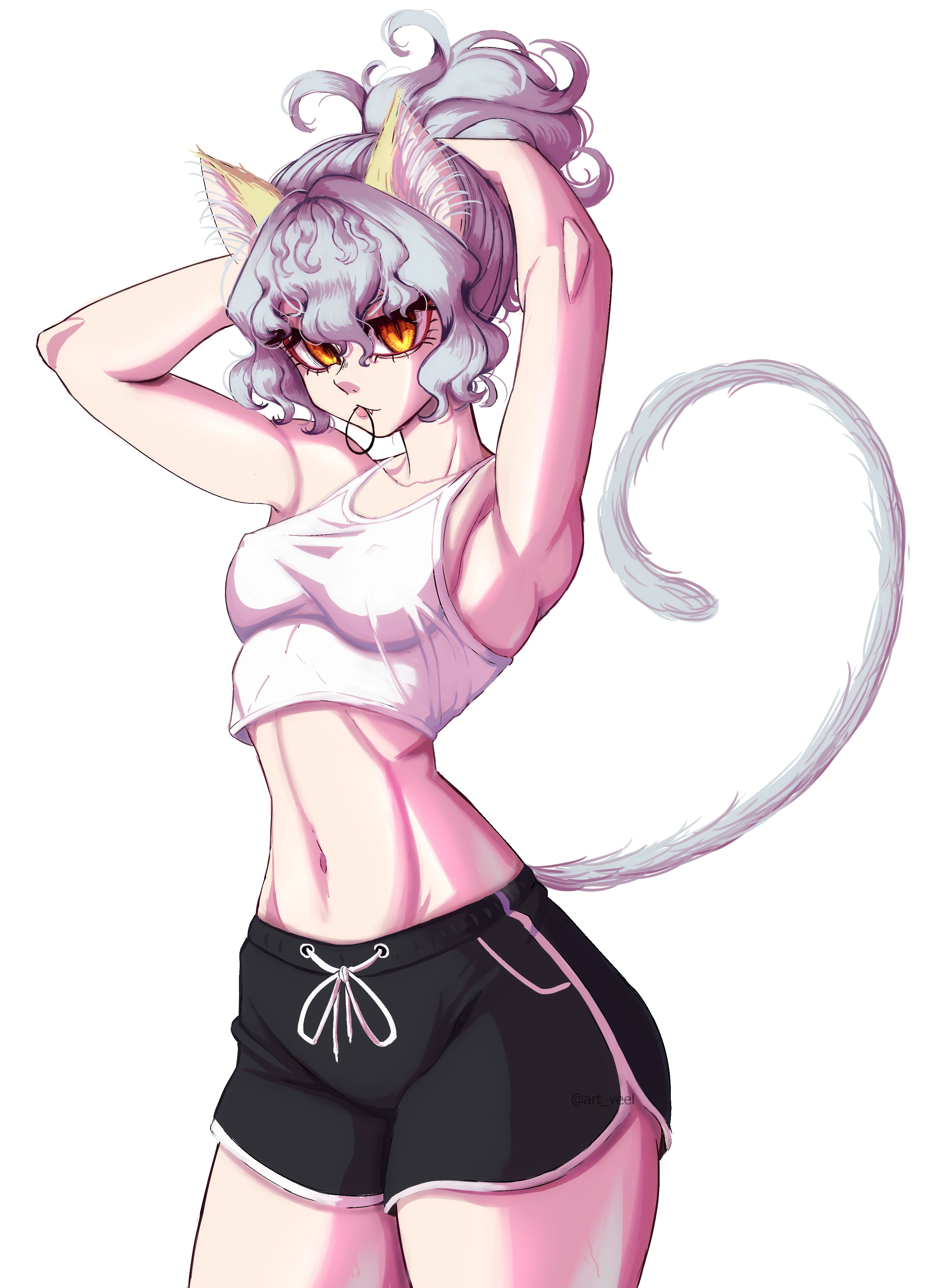 1female, belly, clothed, curvy, cute, hourglass figure, hunter x hunter, neferpitou, ponytail, shini, shorts