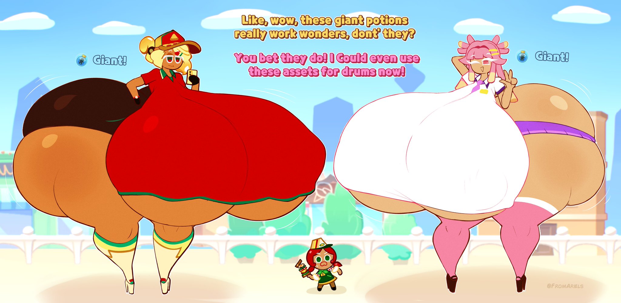 1boy, 2girls, big breasts, cookie run, cookie run ovenbreak, fromariels, giantess, hyper, hyper ass, hyper breasts, hyper thighs, pizza cookie, sandwich cookie, strawberry stick cookie, tagme