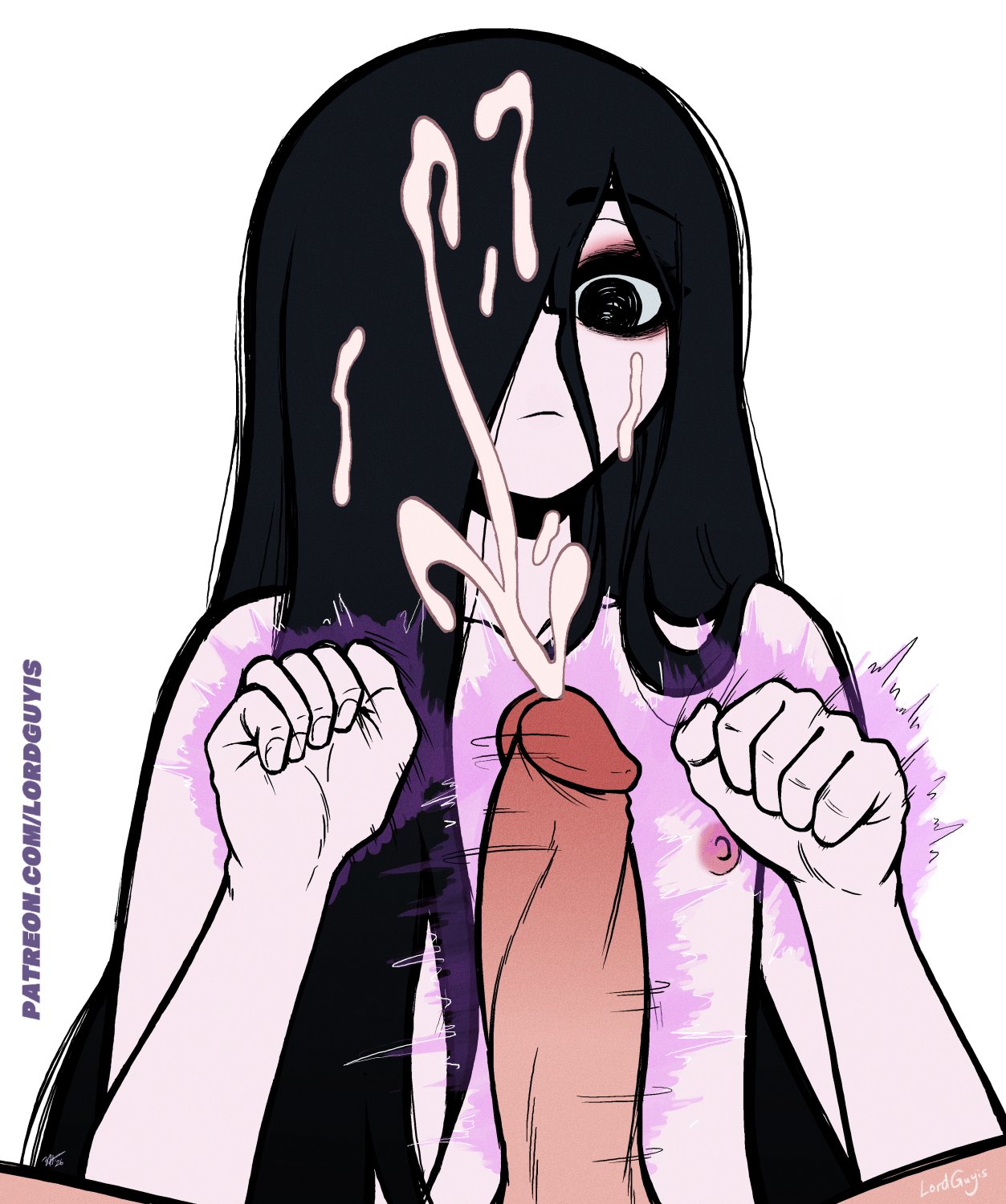 black hair, closed fist, closed mouth, commission, commissioner upload, covered eye, cum, cum on body, cum on face, cum on hair, dark circles, ejaculation, erect penis, erection, female, flat chest, flat chested, ghost, ghost girl, hands around penis, long hair, lordguyis, naked female, pale skin, pale-skinned female, penis, psychic, psychic powers, psychic stimulation, sadako yamamura, slender body, staring at viewer, twisting penis, yamamura sadako