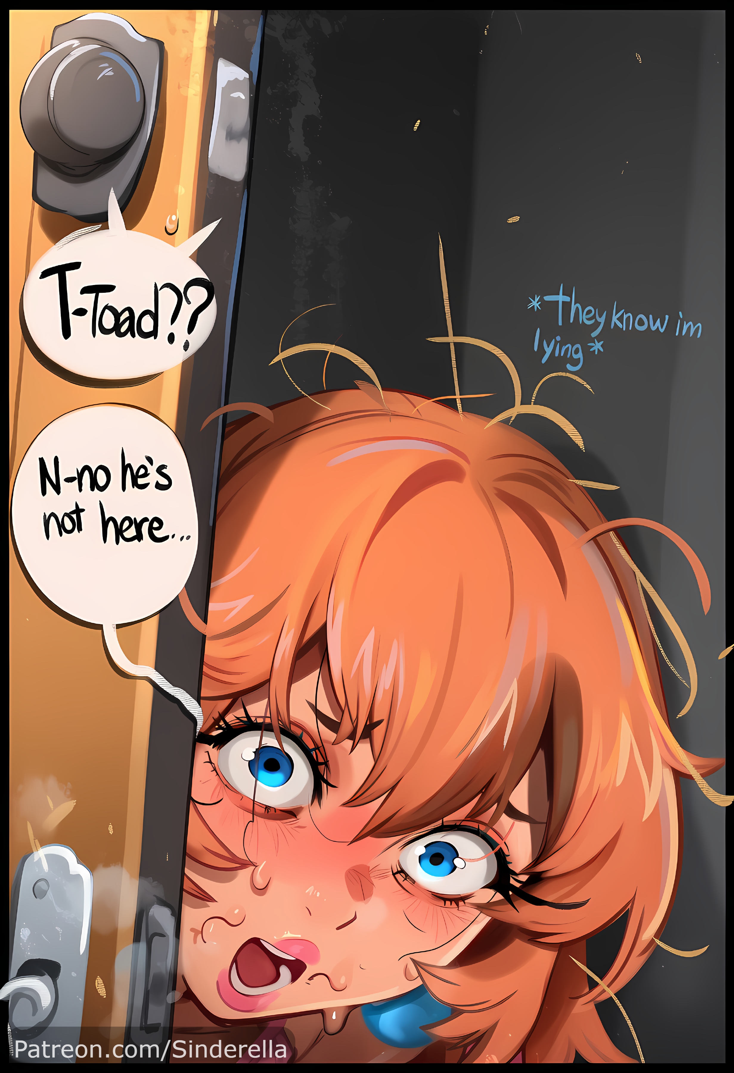 ai generated, busty, caption, cleavage, comic, comic page, commission, dialogue, embarrassed, english text, humiliation, large breasts, mario (series), patreon, patreon url, patreon username, princess peach, sinderellaart, text, text bubble, thick, voluptuous
