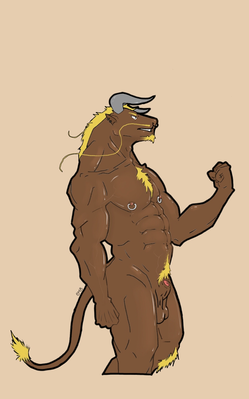 1boy abs anthro balls biceps blonde_hair bovine brown_skin bull chest_tuff dragon eatmybuns facial_hair fur furry goatee hair horn hybrid looking_away male male_only mammal muscular nipple_piercing nipples nose_piercing nude penis pubes simple_background solo watermark whiskers