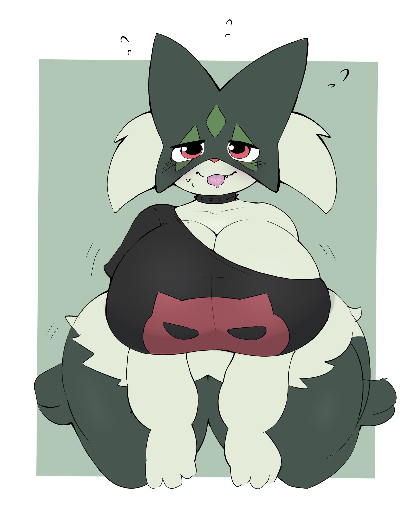 big breasts, breasts, cleavage, dog collar, fat, female, female only, furry, huge breasts, inazuma kat, meowscarada, pokemon, pokemon (species), spiky collar, tagme, thick thighs, wide hips