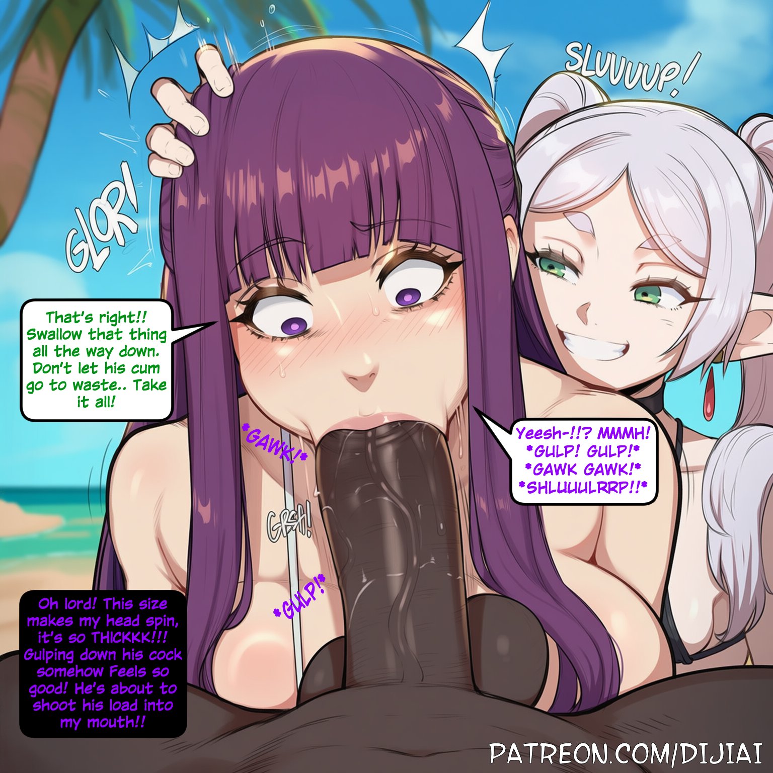 1boy, 2girls, ai generated, assisted fellatio, beach, big breasts, big penis, blowjob, breasts, choker, dark skin, dark-skinned male, dijiai, elf, elf ears, elf female, elf girl, fellatio, female, fern (sousou no frieren), frieren, frieren beyond journey's end, green eyes, hair, interracial, light skin, light-skinned female, long hair, male, patreon, penis, purple eyes, purple hair, sousou no frieren, sucking, sucking penis, text, text box, veiny penis, white hair