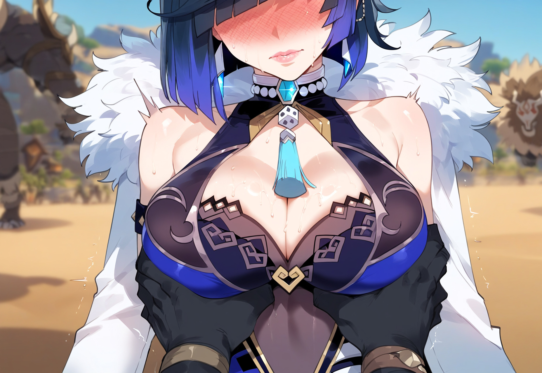 1girls, ai generated, anthro on female, big breasts, blush, blushing, blushing female, embarrassed, embarrassed expression, embarrassed female, embarrassing, female, first person view, genshin impact, grabbing another's breast, grabbing breasts, grope, groping, groping breasts, hilichurls (species), hoyoverse, mihoyo, miyuai, viewer pov, yelan (genshin impact)